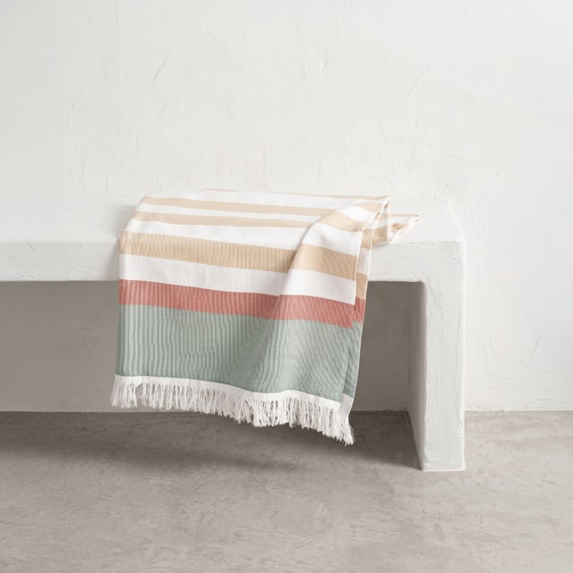 Pareo da spiaggia in cotone a righe con frange beige 190x180 cm