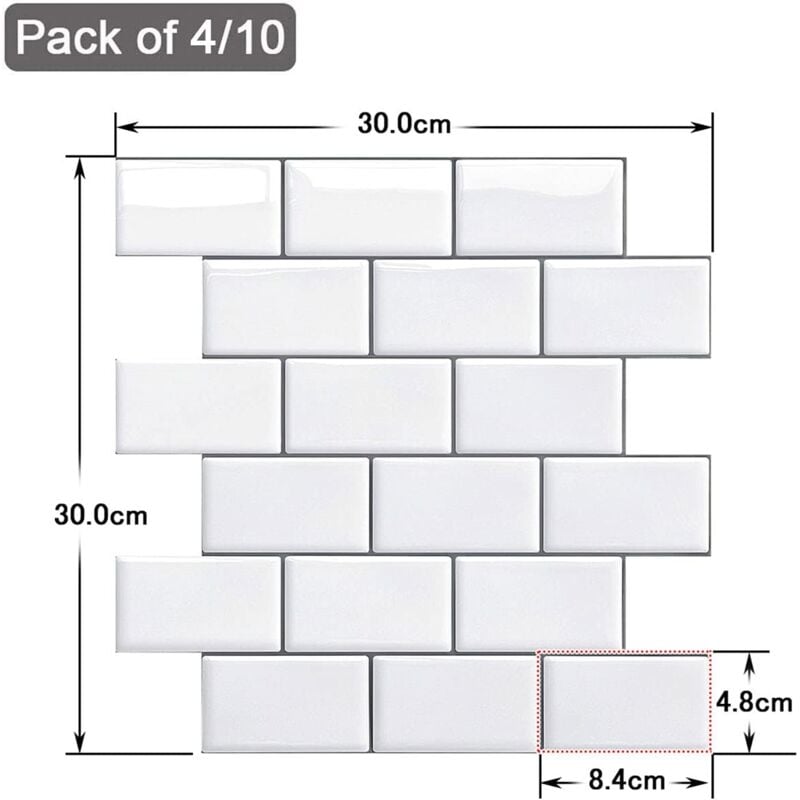 Credence Adhésif pour Cuisine Salle de Bain, Faux Carrelage Adhésif ,Imperméable Metro 3D Carrelage PVC Adhésif Mural, 4 Pièces (Blanc, 4 Feuilles) - 2