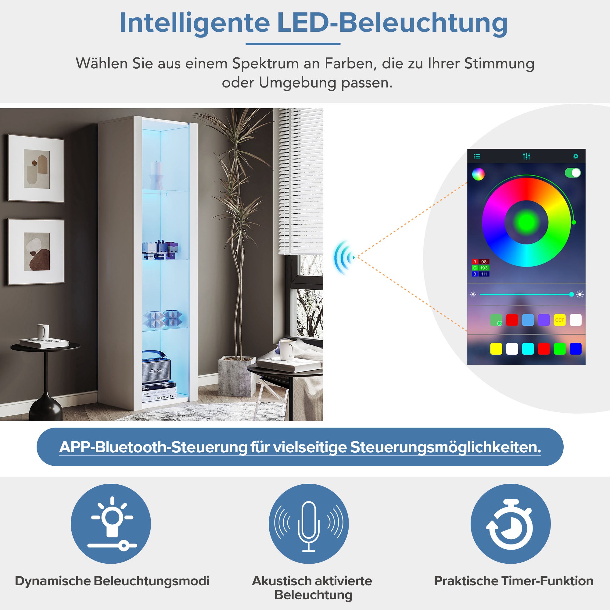 Vitrine L166cm avec LED - 3 étagères en verre - Blanc - 6