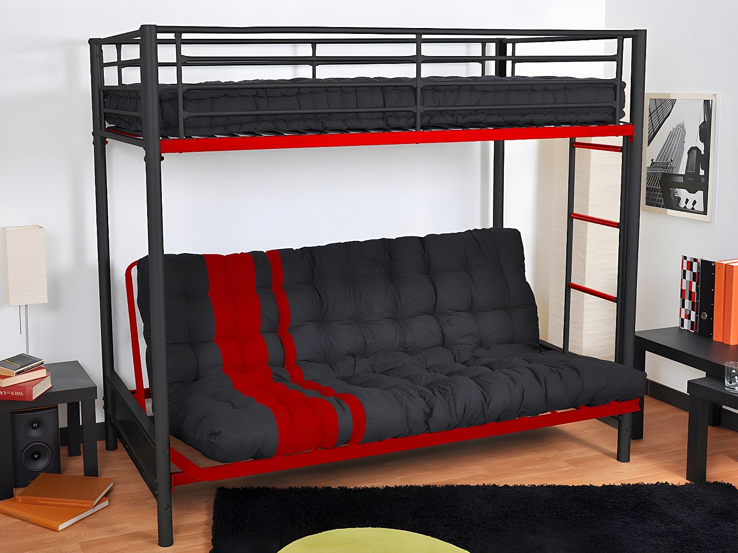 Futon japoński MODULO specjalna opcja kanapy z funkcją łóżka - 135 × 190 cm - kolor czarny i czerwony - 2
