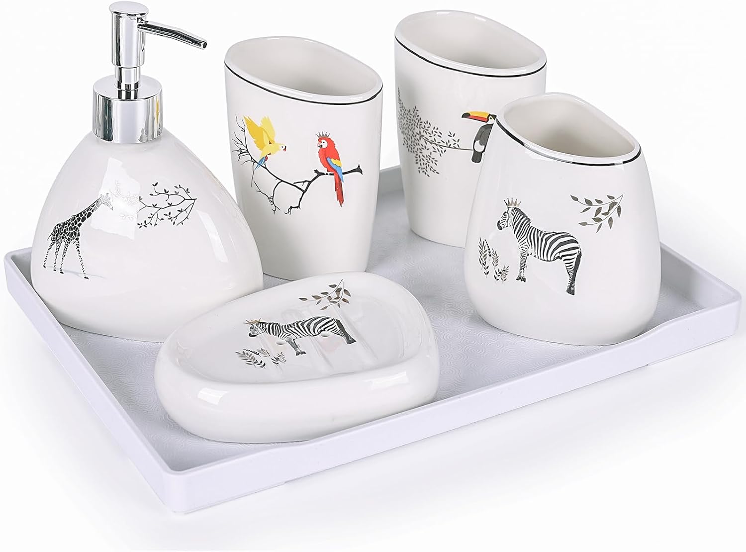 Juego de accesorios de baño blancos - decoración moderna para el baño - 6 piezas - con dispensador de jabón y portacepillos de dientes