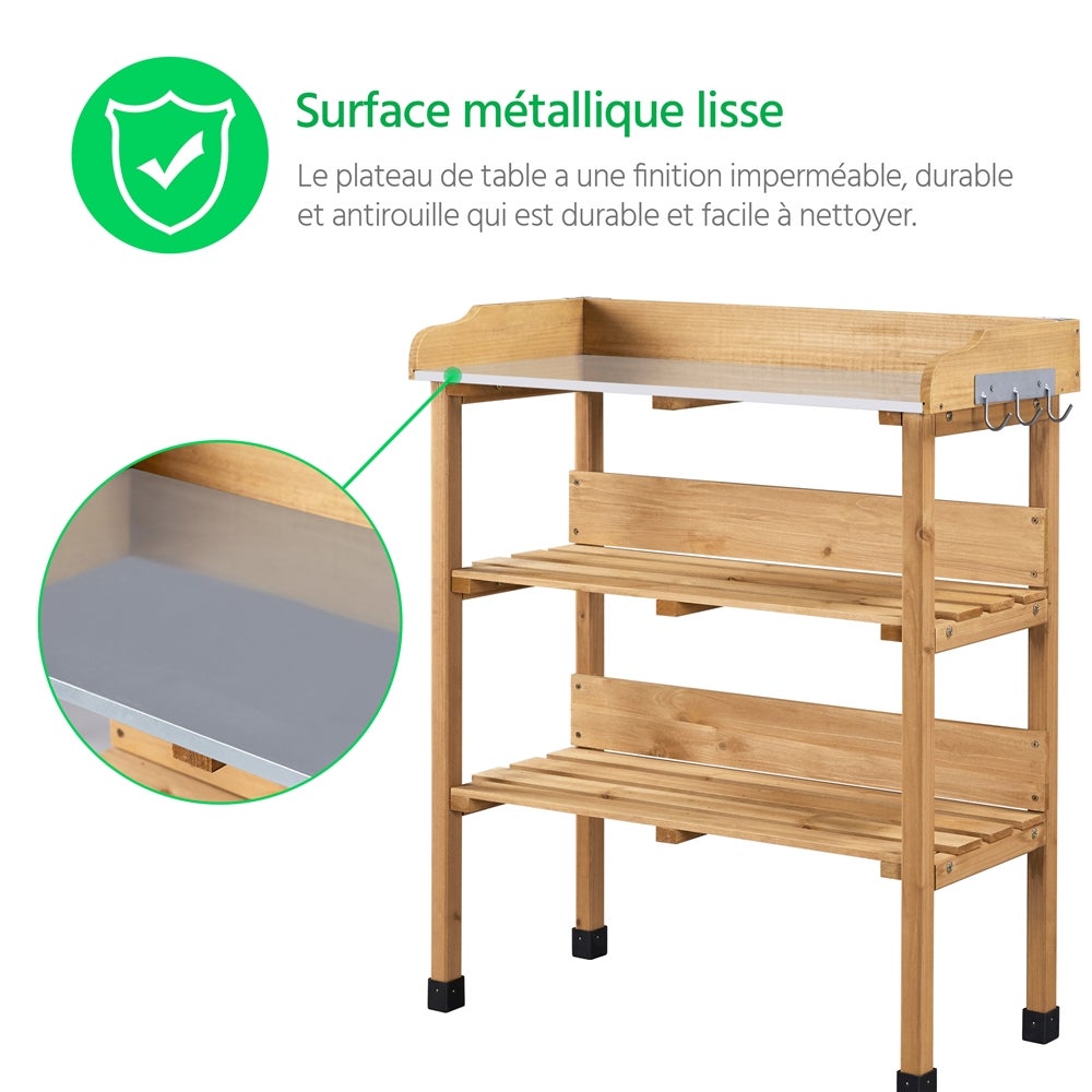 Table de Rempotage Extérieure en Bois avec Étagère de Rangement et 3 Crochets Latérales, Couleur Bois Yaheetech - 6