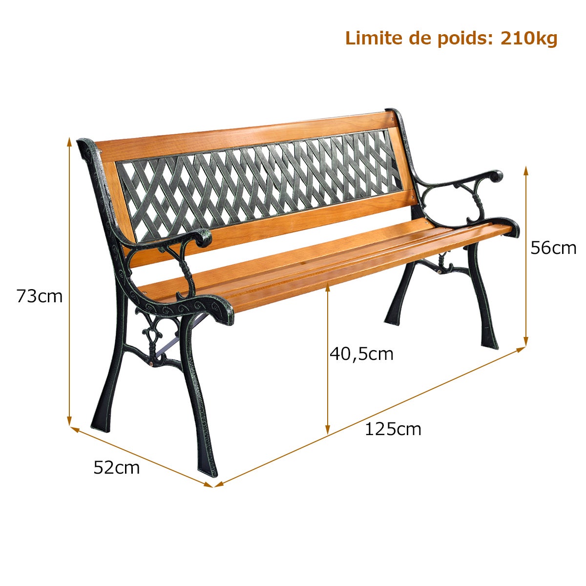 Banc de Jardin Mobilier Extérieur 125 cm en Fonte Siège à Lattes Cadre en Bois Dossier en Plastique Capacité de Charge 210KG - 3