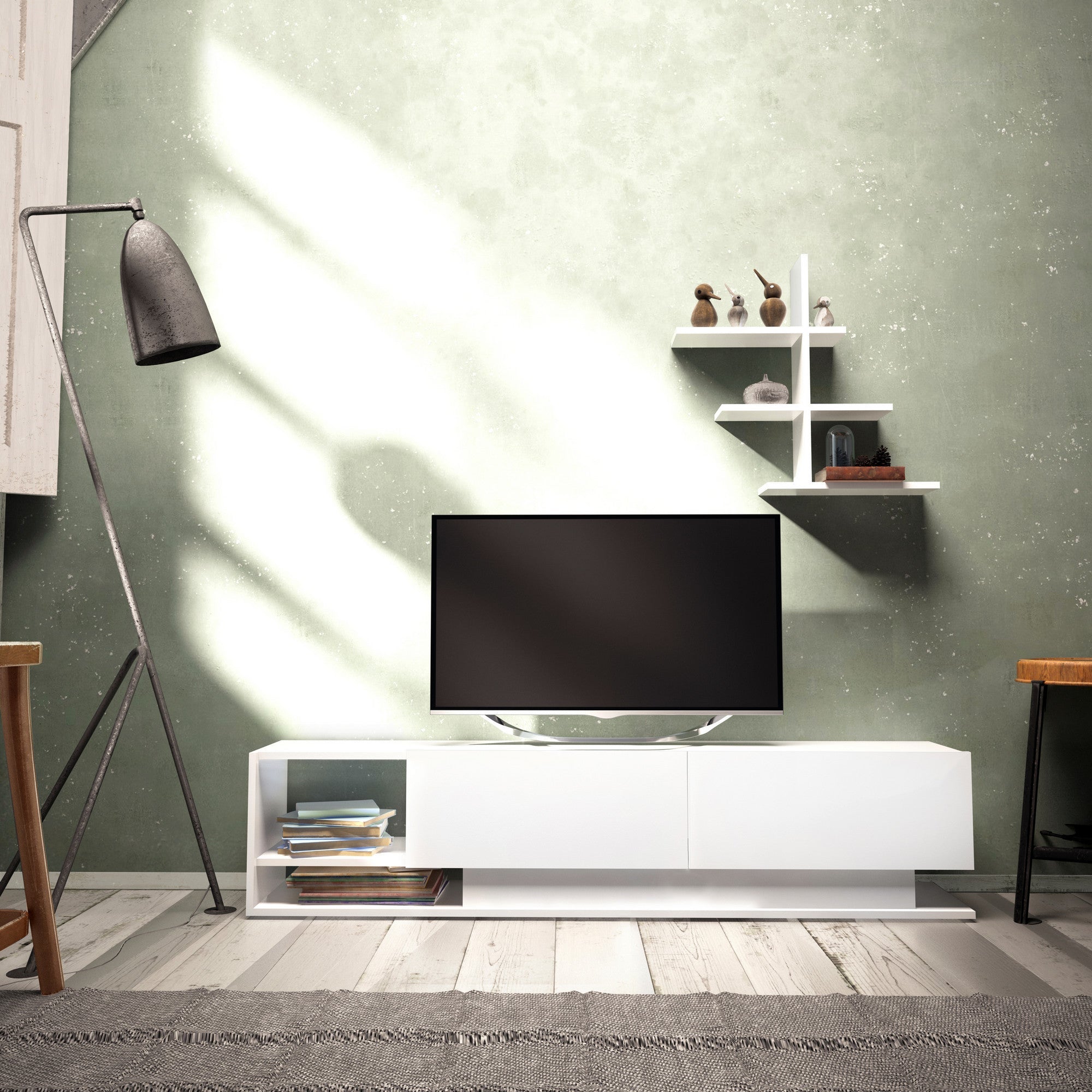 Mobile Da Soggiorno Berit Modello 5 A - Bianco Finitura Lucida Laccata Led 140cm Berit 5a 85457983