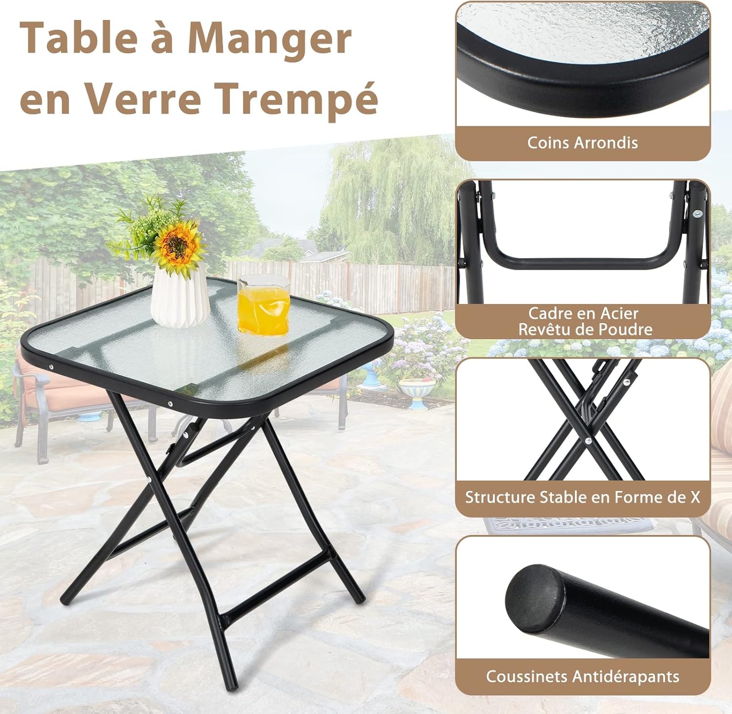 Table de Jardin Bistro Pliante, avec Plateau en Verre Trempé, 46,5x46,5x47,5cm, pour Intérieur et Extérieur Patio Balcon Terrasse, Noir - 6