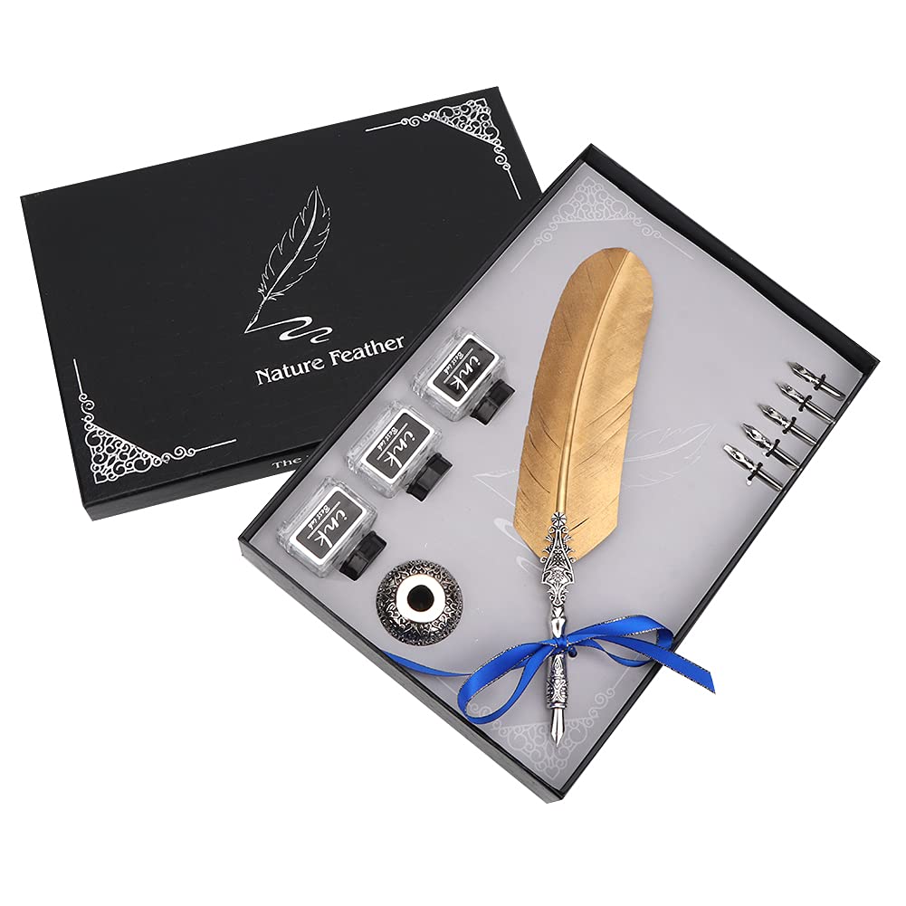 Stylo Plume Vintage En Acier Inoxydable - Plume Souple, Calligraphie, Set Avec 5 Plumes Et Encre