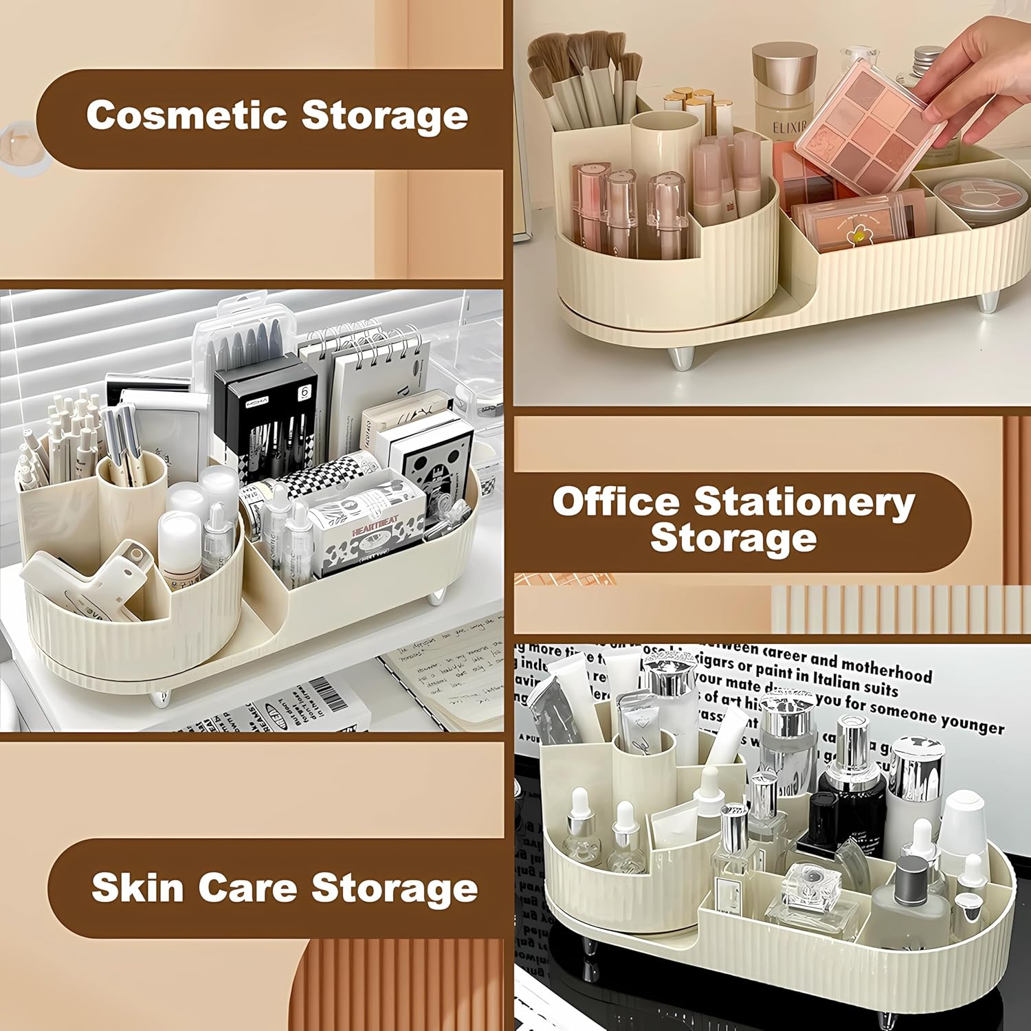 Rangement Maquillage Rotatif et Compartiments 2 en 1, Pot a Pinceaux Maquillage, 360 Degrés Organisateur Maquillage pour Chambre, - 4