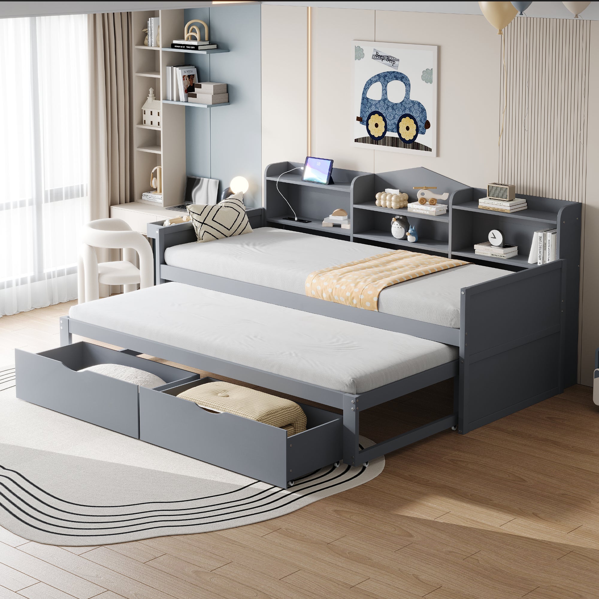 Letto estraibile 90 x 200 + 90 x 190 cm con 2 cassetti, ripiani e presa ...