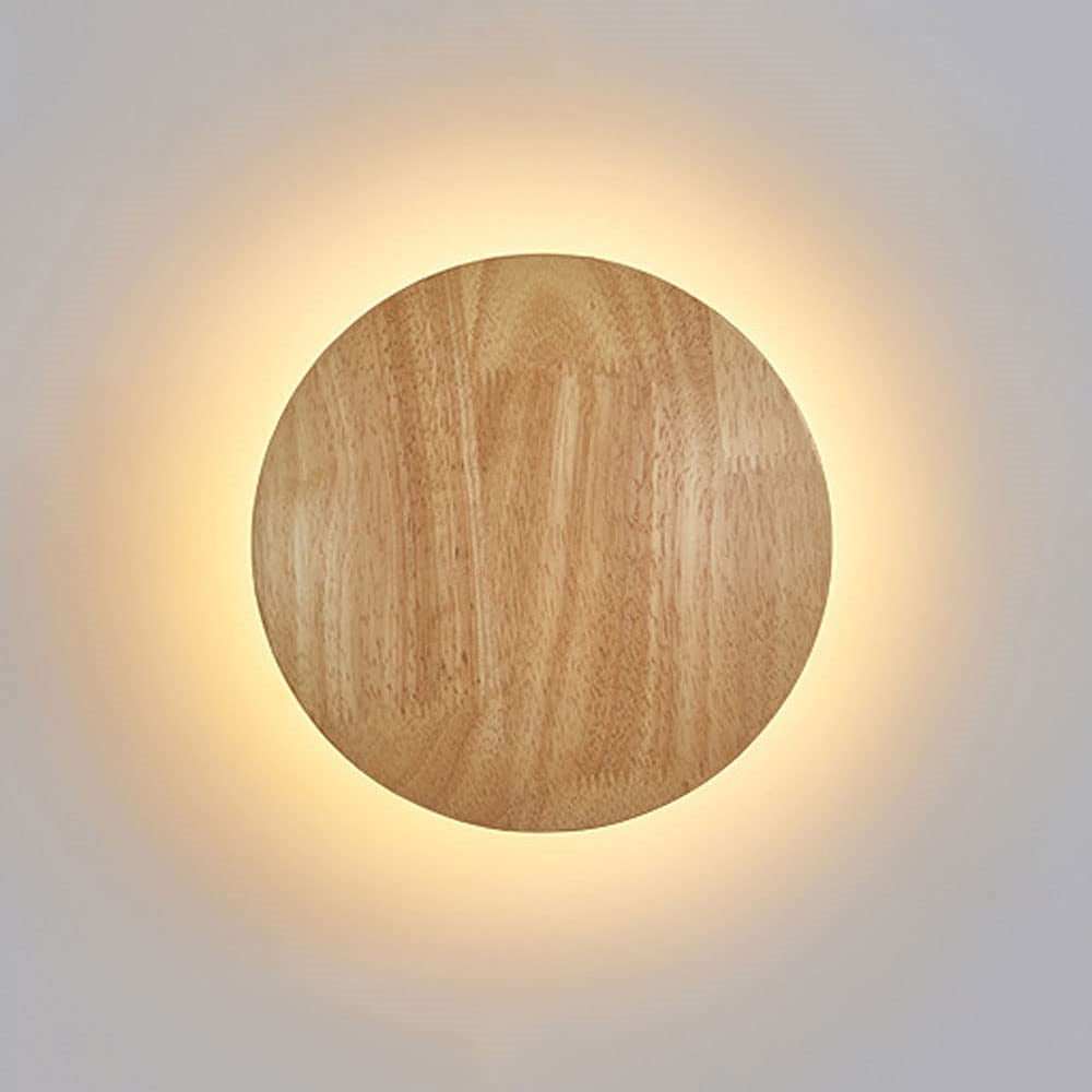 Lampada da parete minimalista in 2 pezzi, lampada da parete a LED retroilluminata con venature del legno rotonde, luce bianca calda, adatta per camere - 3