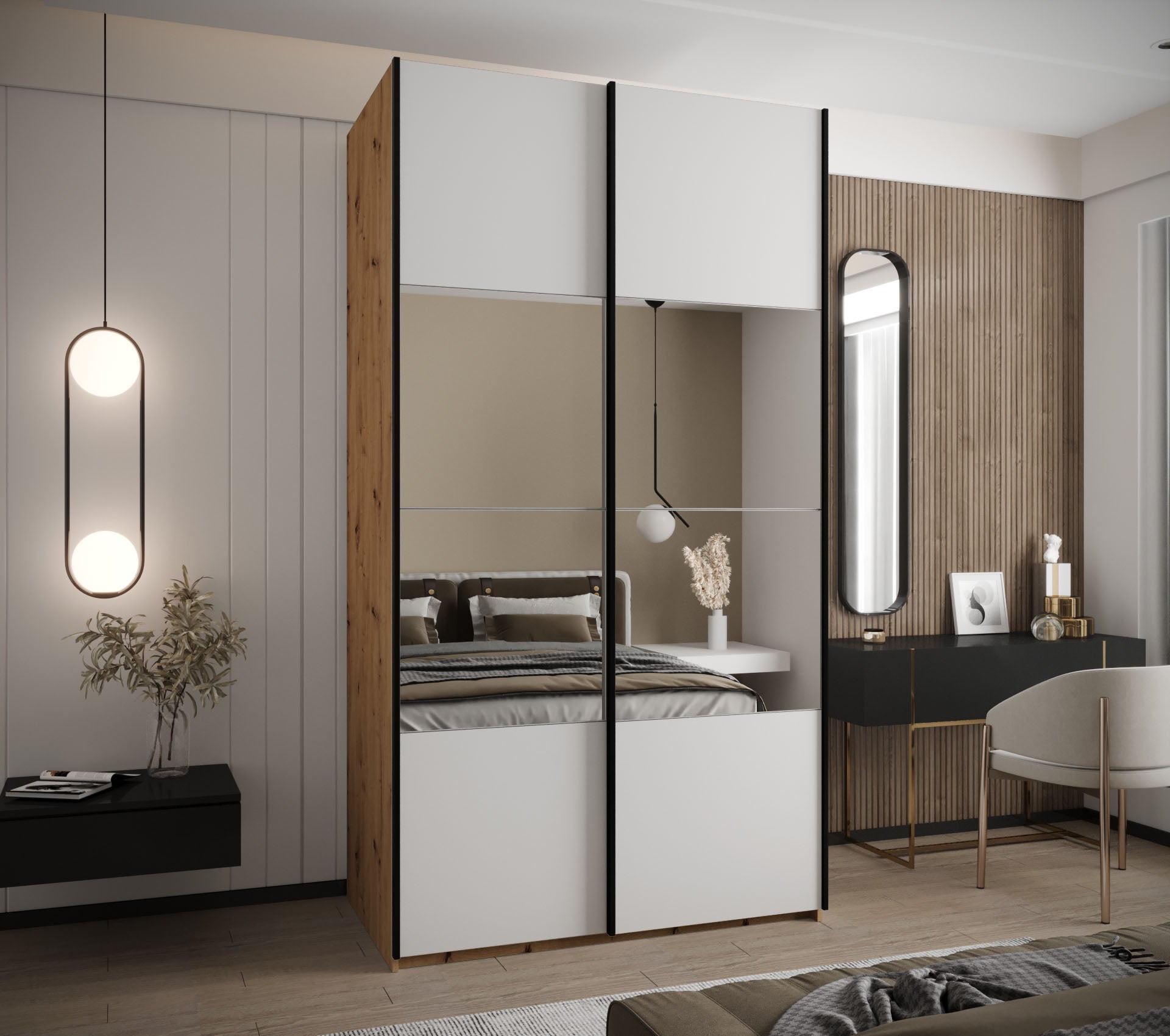 Szafa przesuwna wysoka Lux 4 130 x 64 x 245,5 cm artisan + biały + u. czarny - Abiks Meble - 2