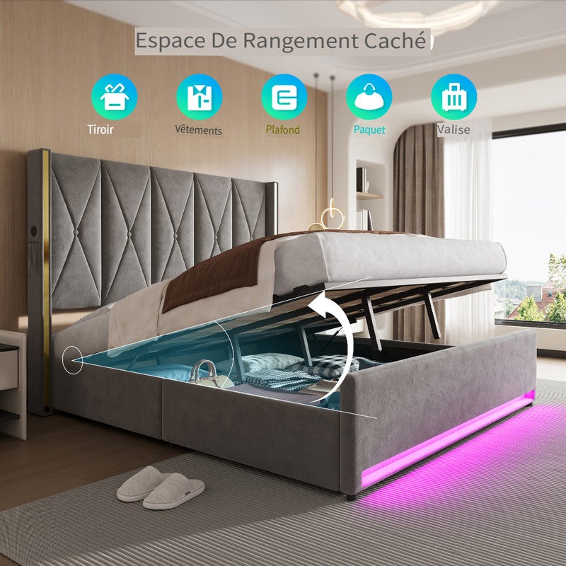 Lit 180x200 avec ports USB et éclairage LED,Lit double rembourré avec poches latérales,Lit coffre hydraulique,tissu velours,Gris foncé (Sans matelas) - 2