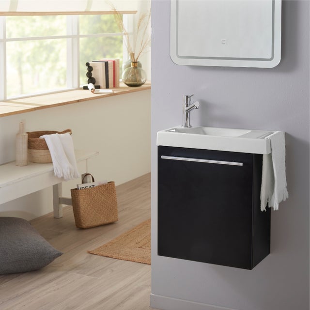 Pack lave-mains Noir Mat avec porte serviette - robinetterie eau froide à gauche - L.48 X H. 52.5 cm - Houston