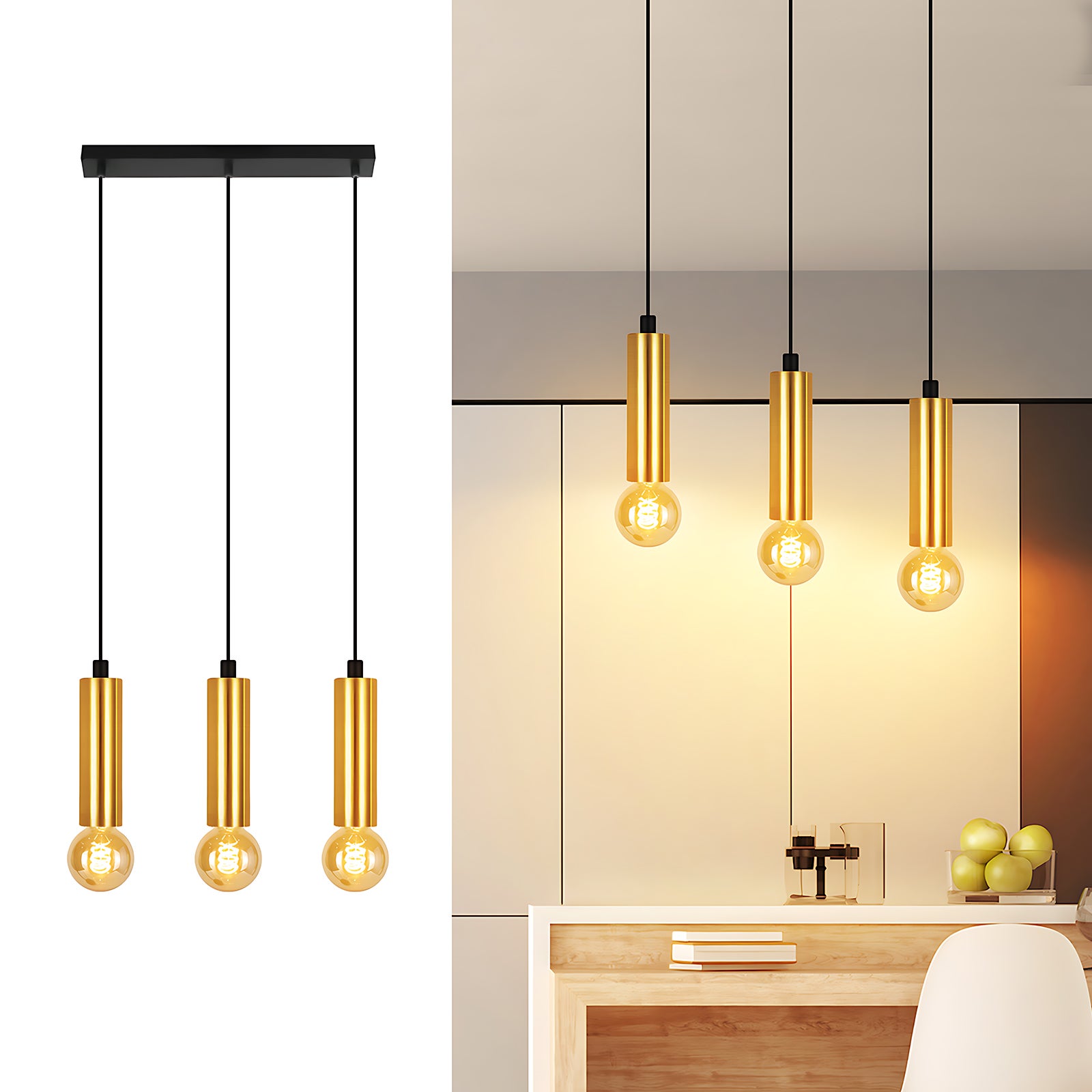NETTLIFE Złota lampa wisząca 3 żarówki Lampa wisząca - Lampa wisząca Stół jadalny E27 Industrial Metal Lampa wisząca