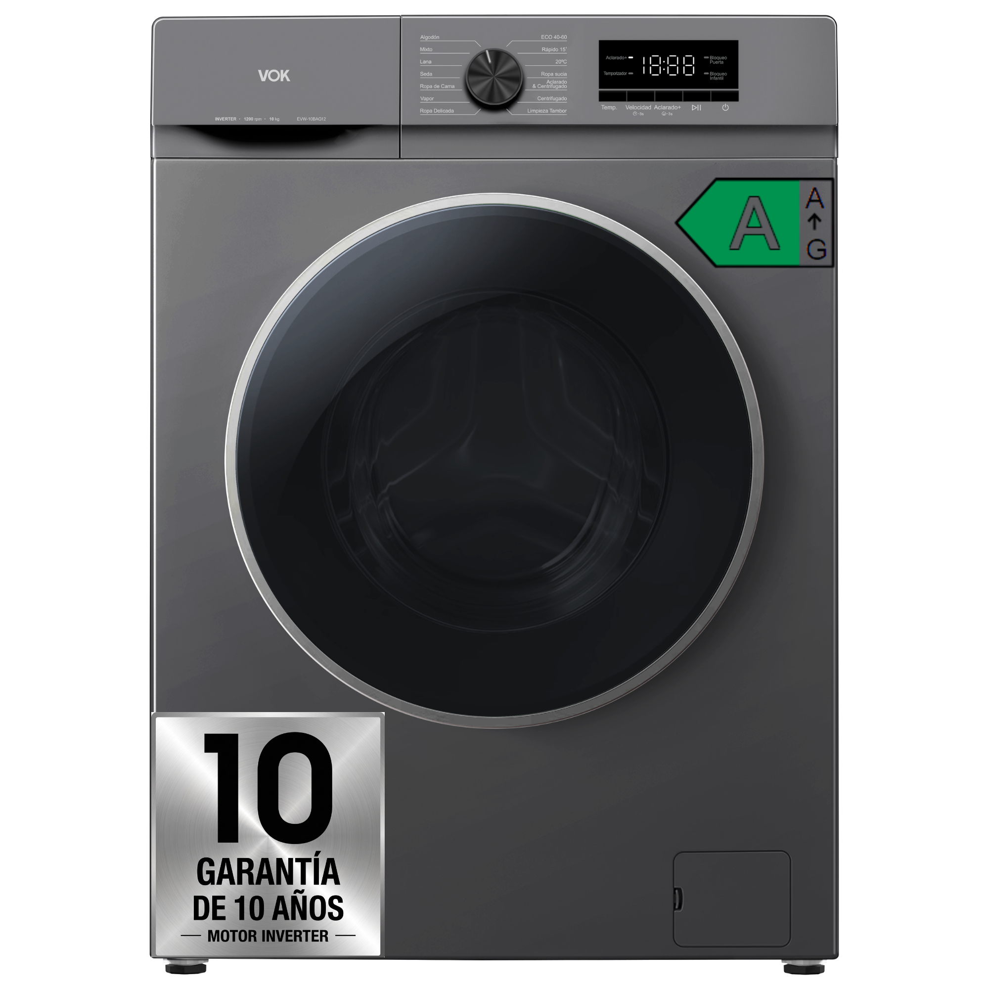 Lavadora VOK 10kg, Clase A, Motor Inverter, Vapor, 14 Programas, 1200 ...