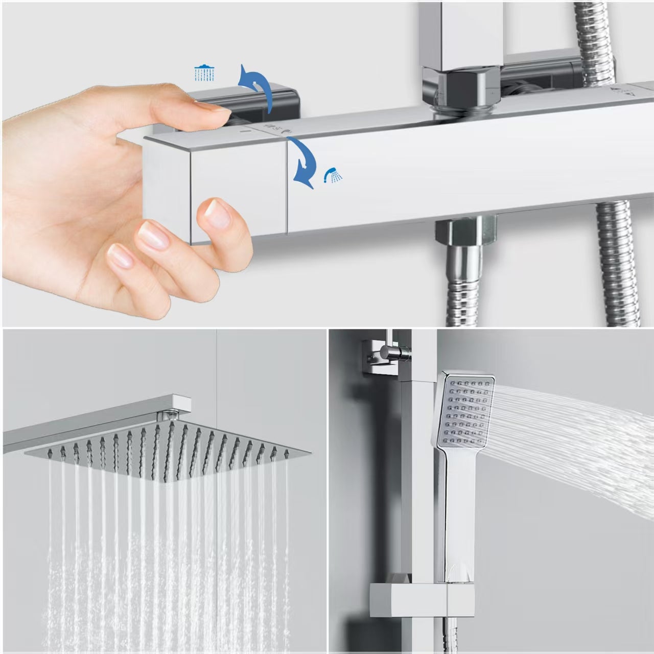 Ensemble de colonne de douche thermostatique carrée chromée à hauteur réglable AICA - 6