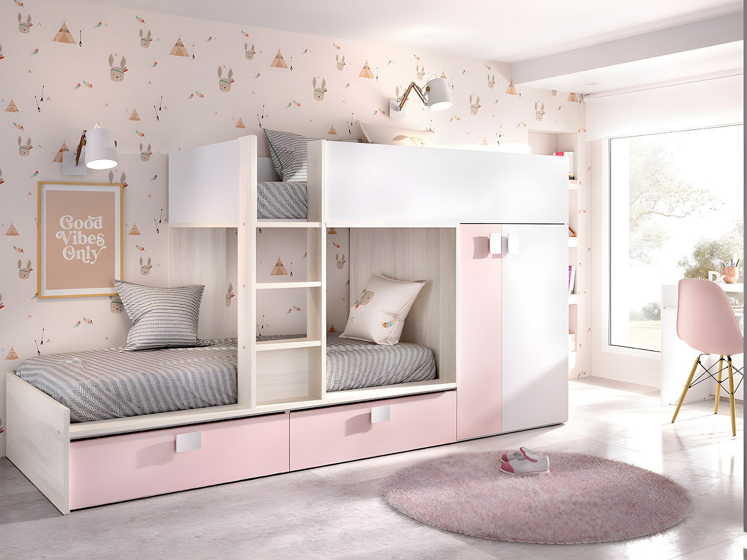 Letto a castello 2 x 90 x 200 cm 2 cassetti blu, Bianco e naturale