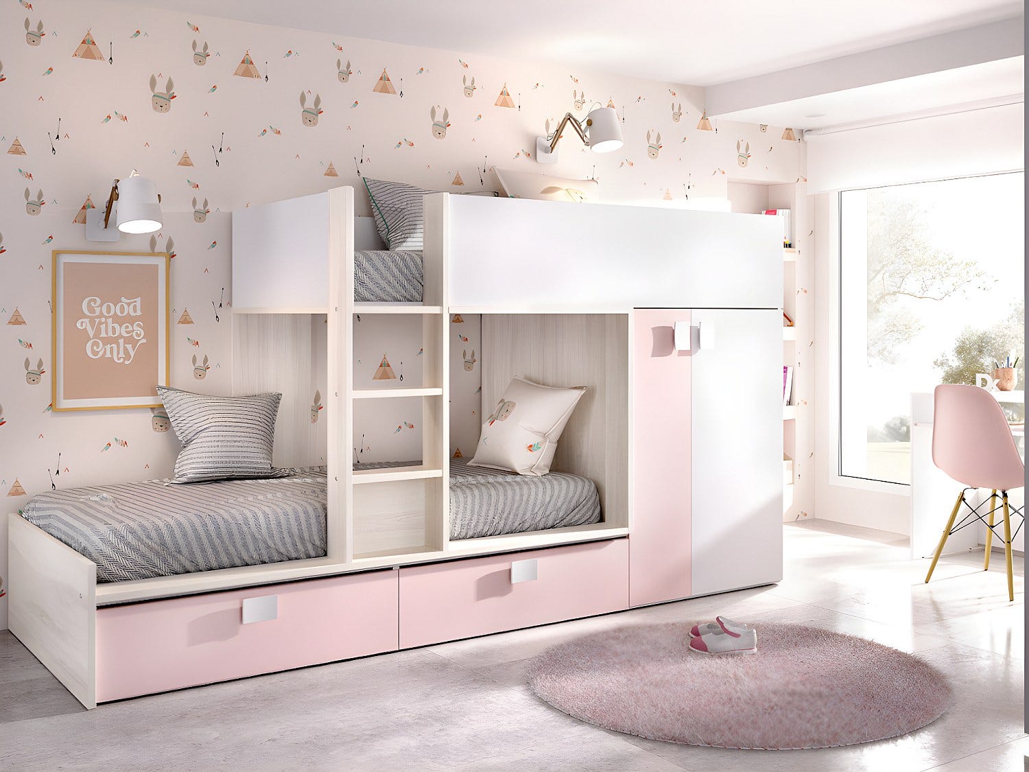 Letto a castello 2 x 90 x 200 cm 2 cassetti blu, Bianco e naturale Letto a castello 2 x 90 x 200 cm 2 cassetti blu, Bianco e naturale