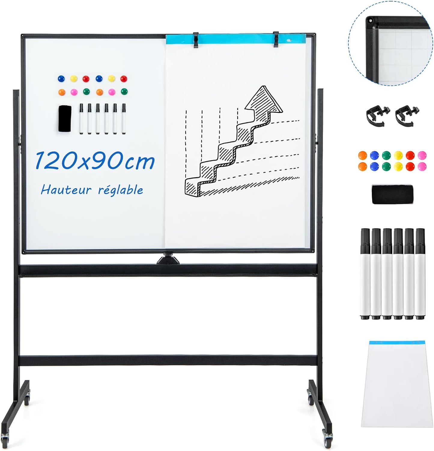 Dwustronna mobilna tablica suchościeralna, 120 x 90 cm, suchościeralna tablica magnetyczna z wzorem kratki, stojak i półka na długopisy(czarna)