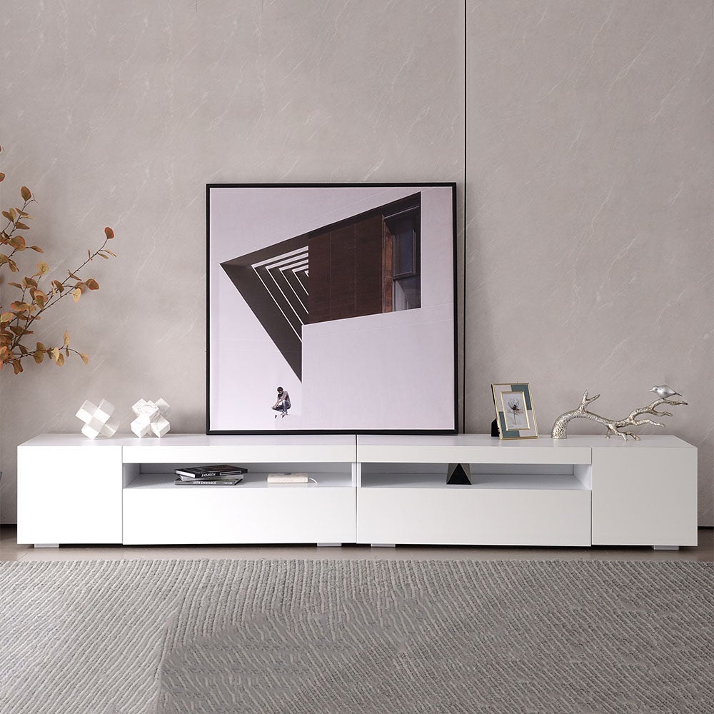 Meuble TV 240cm éclairage LED finition satinée design épuré blanc salon ...