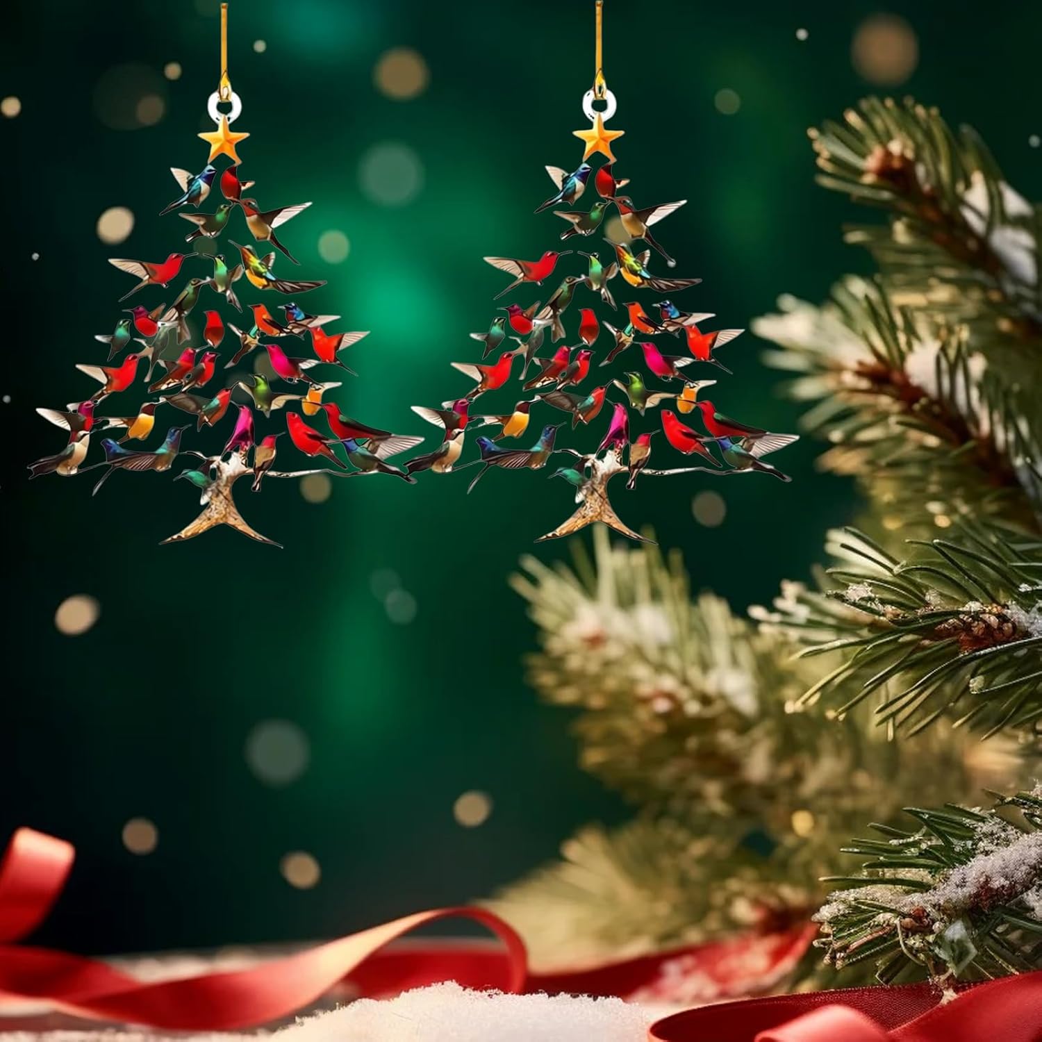 2 décorations de Noël colorées en forme de colibri,surface plane en acrylique,décorations pour arbres de Noël,cadeaux pour les amoureux des oiseaux - 3