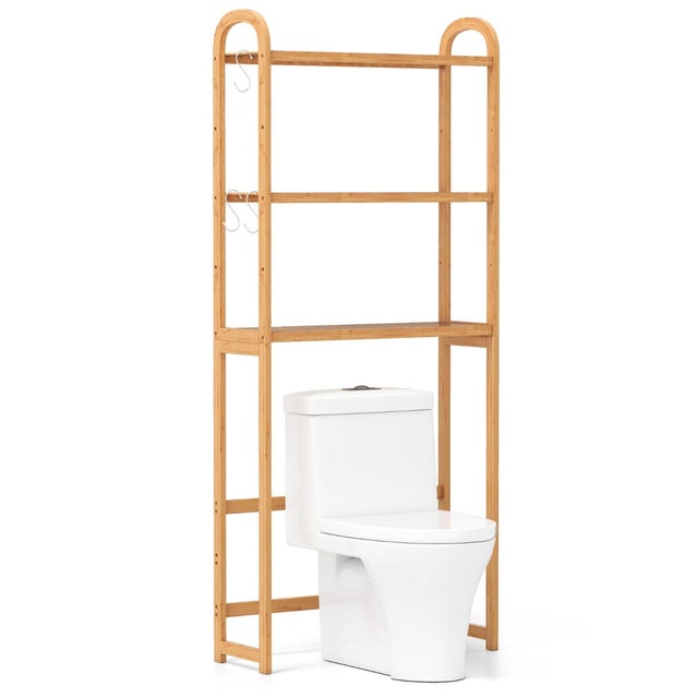 Estante de Almacenamiento sobre el Inodoro Organizador de Baño de Bambú de 3 Niveles con 3 Ganchos Estantes Ajustables y Barras Inferiores