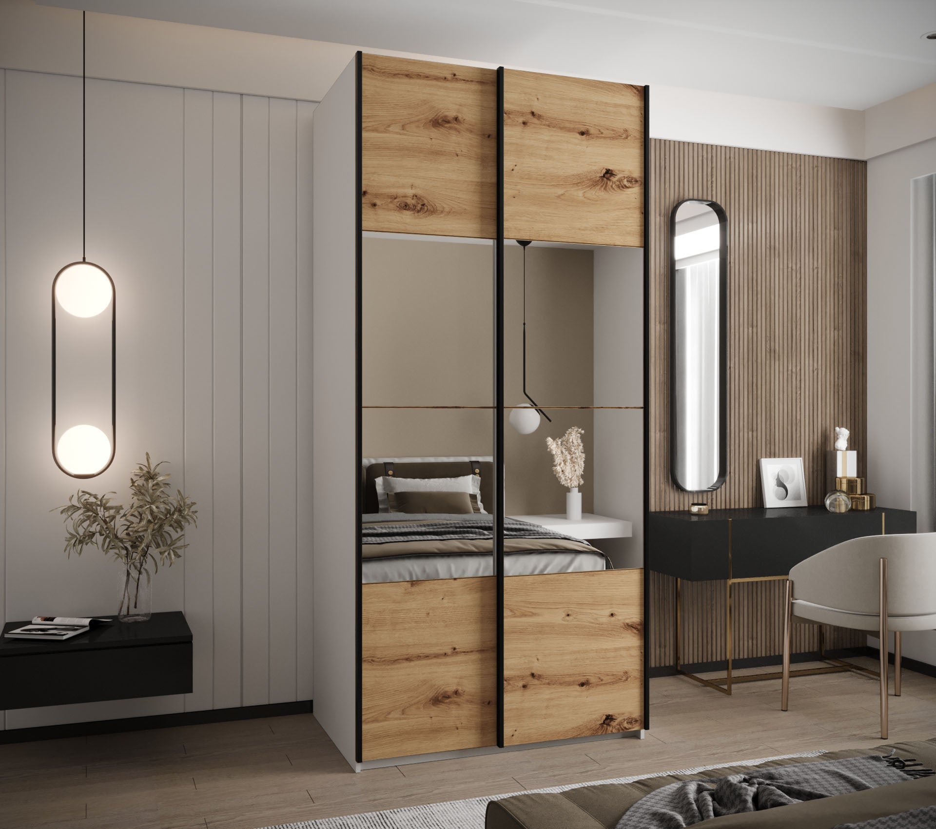 Szafa przesuwna wysoka Lux 4 120 x 64 x 245,5 cm biały + artisan + u. czarny - Abiks Meble - 2