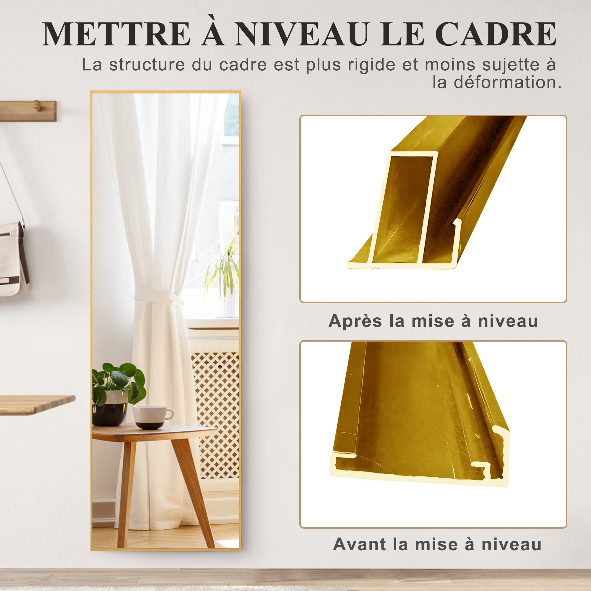 Miroir sur pied Rectangulaire 164 x 54cm, Grand Miroir Intégral avec Cadre en Alliage d’aluminium pour Chambre, Salon, À suspendre ou s'appuyer, Doré - 9