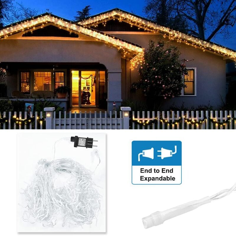 Rideau lumineux d'extérieur 10 m 400 LED, étanche IP44, 8 modes, idéal pour Noël et les fêtes (blanc chaud) - 2