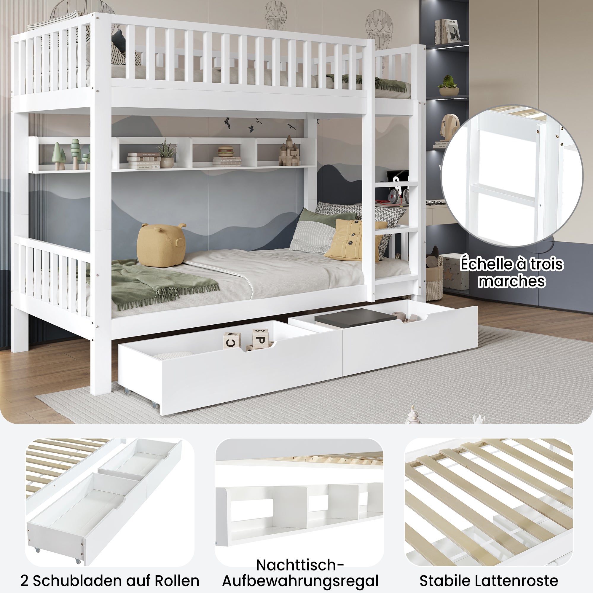 Lit superposés séparables 2 x 90 x 200 cm avec 2 tiroirs et étagères - Pin et MDF - Blanc (sans matelas) - 7