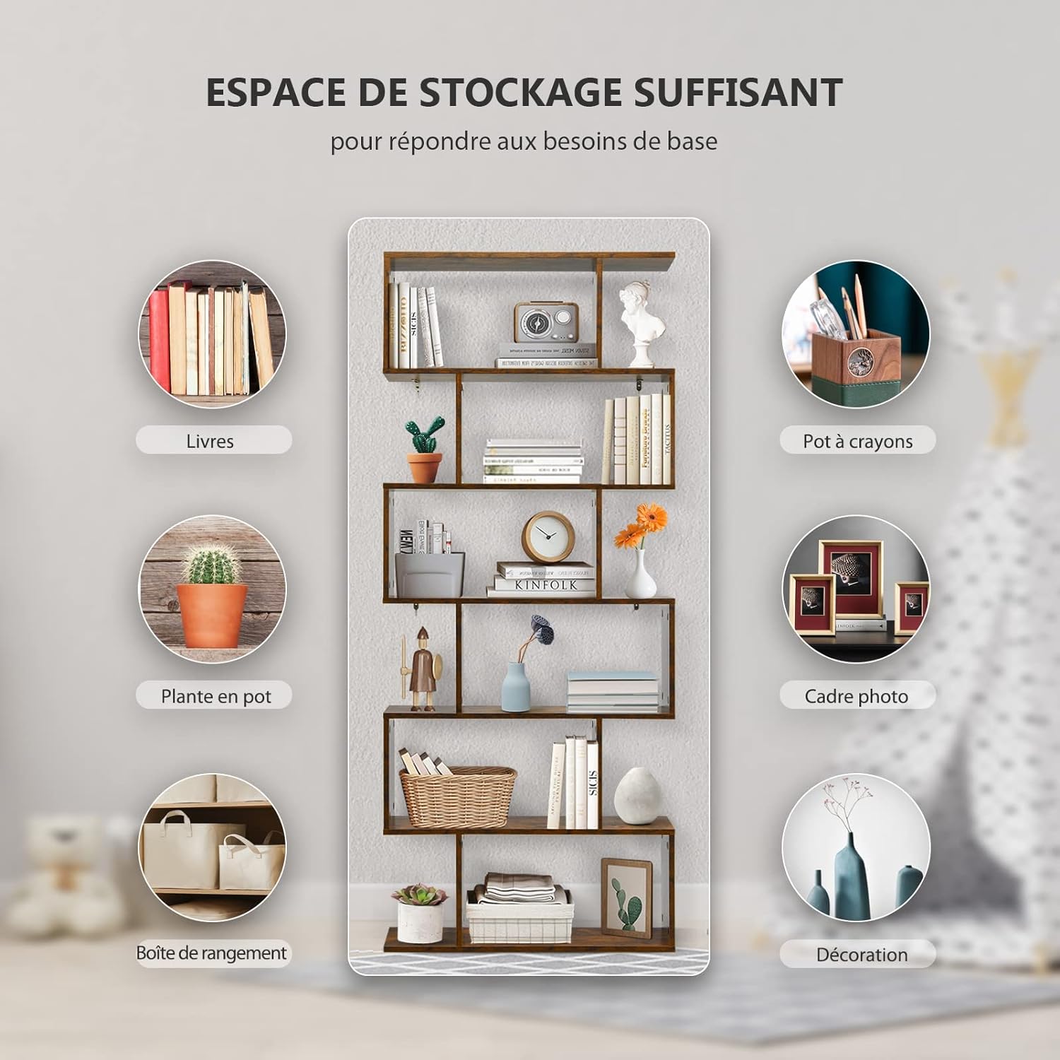 Bibliothèque en Forme S, 80 x 23 x 191 cm Étagère de Rangement à 6 Niveaux, Style Moderne Industriel avec Dispositif Anti-Basculemen, Café - 6