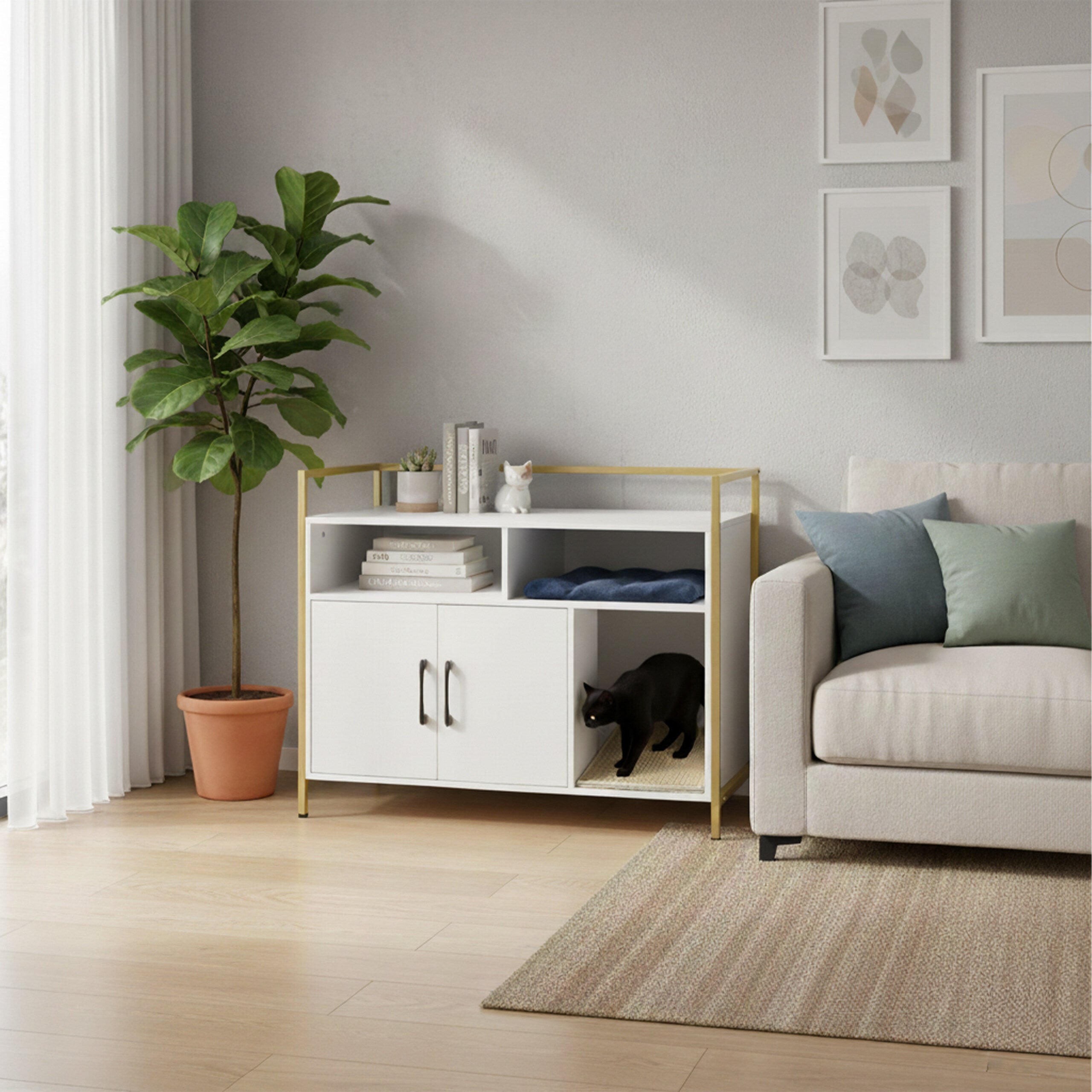 Móvel para caixa de areia para gatos com tapete, entrada, arrumação e 2 portas, 74 x 90 x 45 cm, branco/dourado, Relaxdays - 2