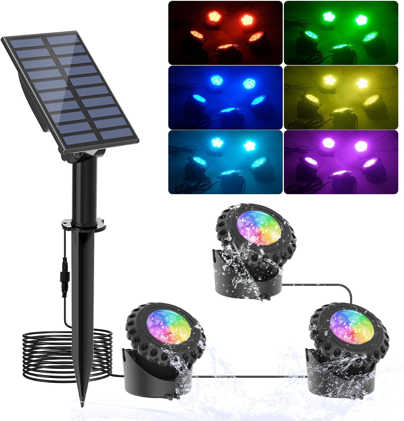 Zanurzalna lampa solarna LED, oświetlenie basenowe RGB, wodoodporna IP68, odpowiednia do akwarium, ogrodu, basenu, fontanny, stawu (3 w 1)