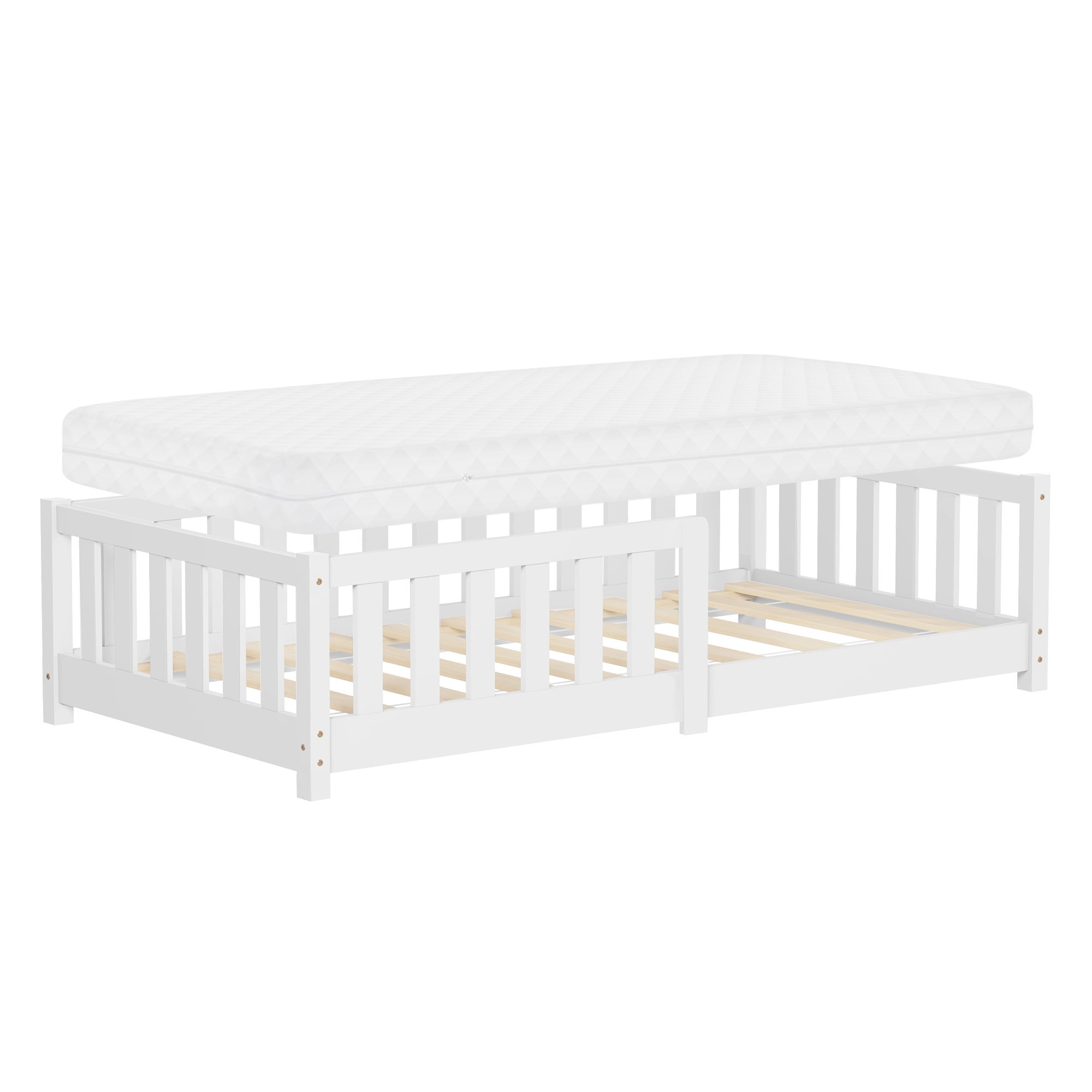 ML-Design łóżko dziecięce montessori 80x160 cm biały podlogowe z materacem solidnym stelazem i zabezpieczeniem lite drewno sosnowe