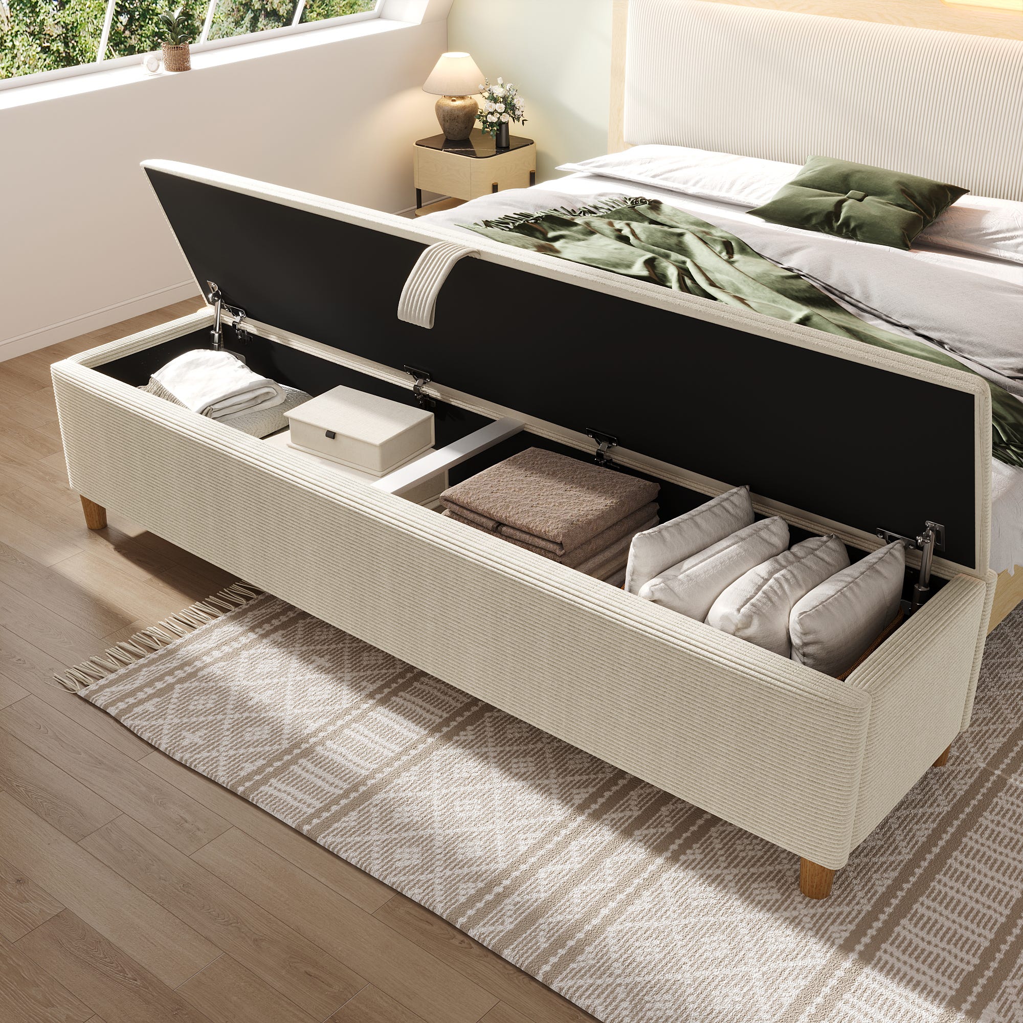 HOMCOM Panca Contenitore 84L In Velluto A Coste – Poggiapiedi Per Fine Letto, 112x42x40 Cm, Beige
