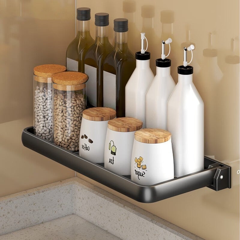 Półka kuchenna, stojak na przyprawy, składana, 32,5×15×5 cm – bez wiercenia, przechowywanie w kuchni, stojak na przyprawy, wielofunkcyjny – czarna