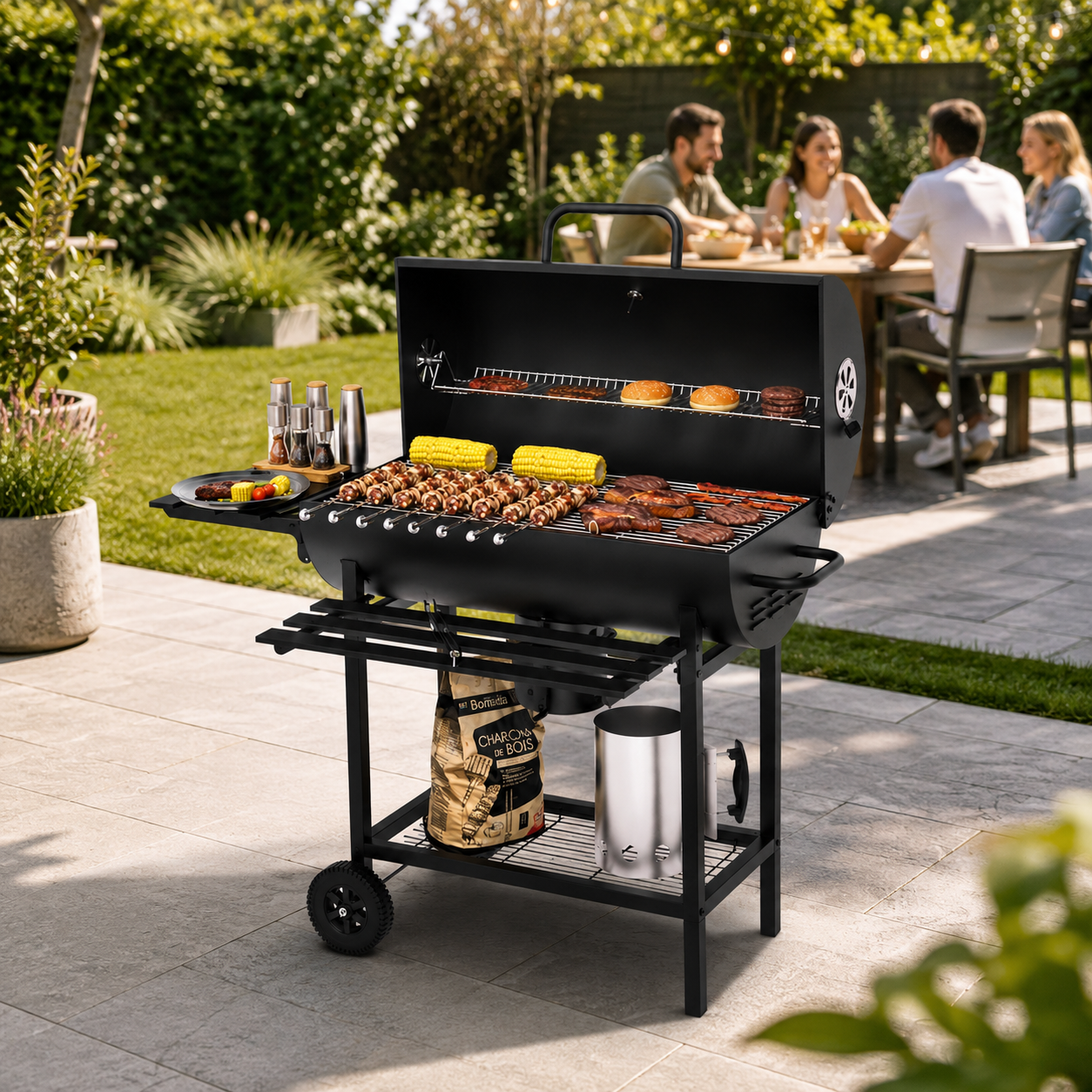Barbecue au charbon avec couvercle et ventilation réglable pour jardin avec roues - 2