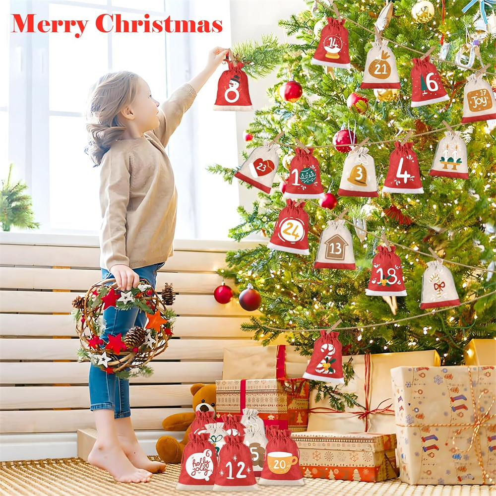 Set per il conto alla rovescia di Natale, sacchetto portaoggetti in lino con coulisse, 24 giorni, con coulisse e clip, 10 x 15 cm - 7