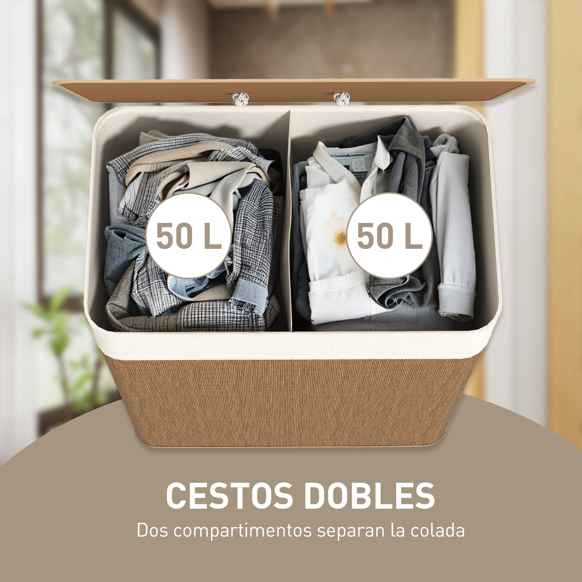 Cesto para Ropa HOMCOM Bambú Marrón 52x32x63 cm - 4