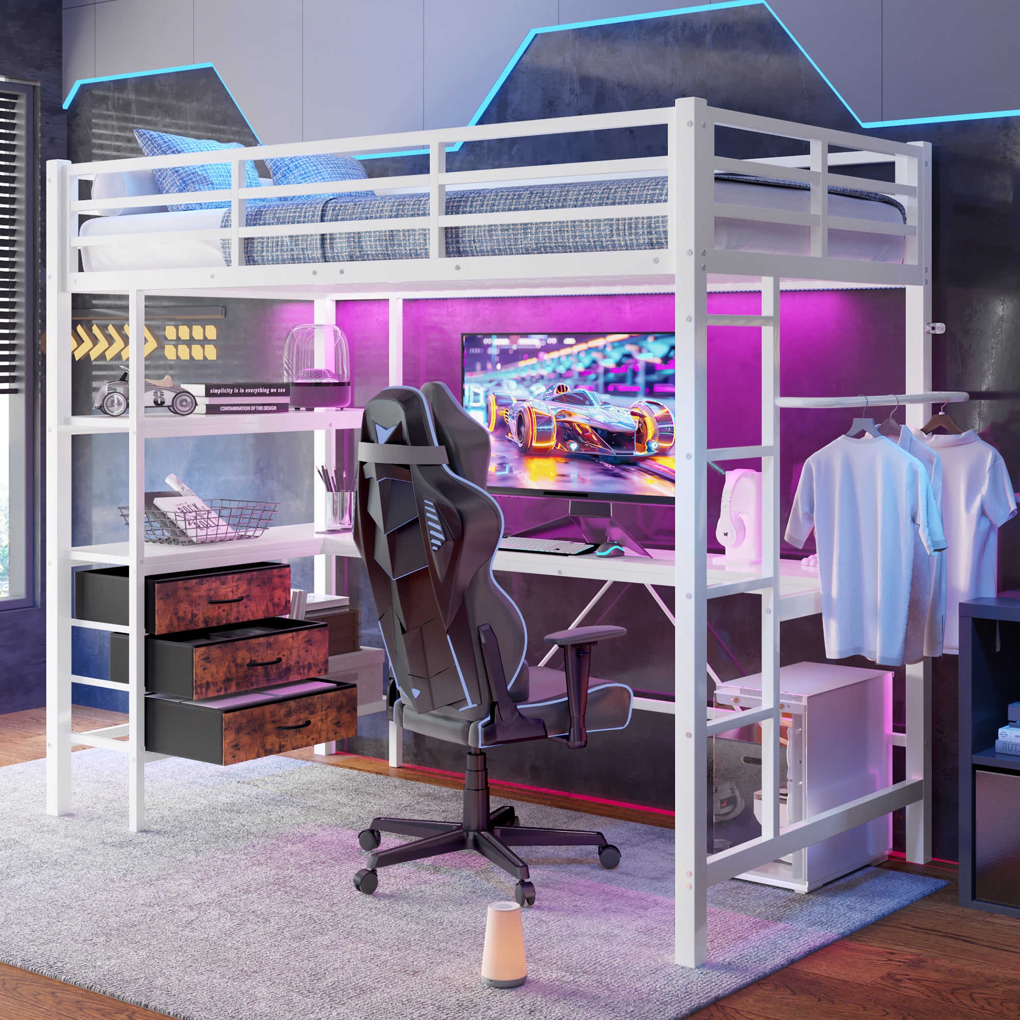 Hochbett 90x200 cm z LED, biurkiem, gniazdem USB, 3 szufladami, biały