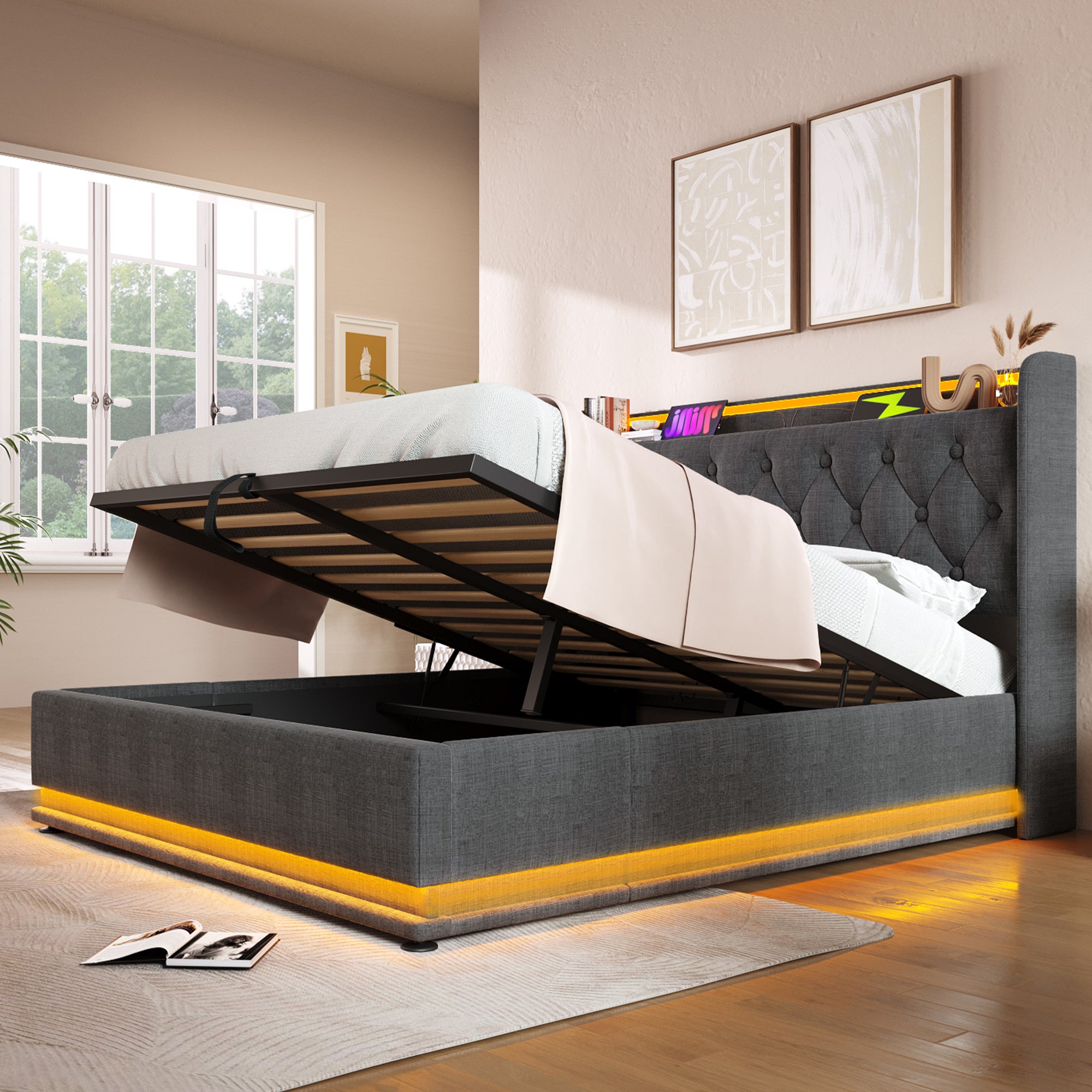 Cama con almacenaje de lino 160x200 cm - con LED y enchufes USB y tipo C - Gris - 2