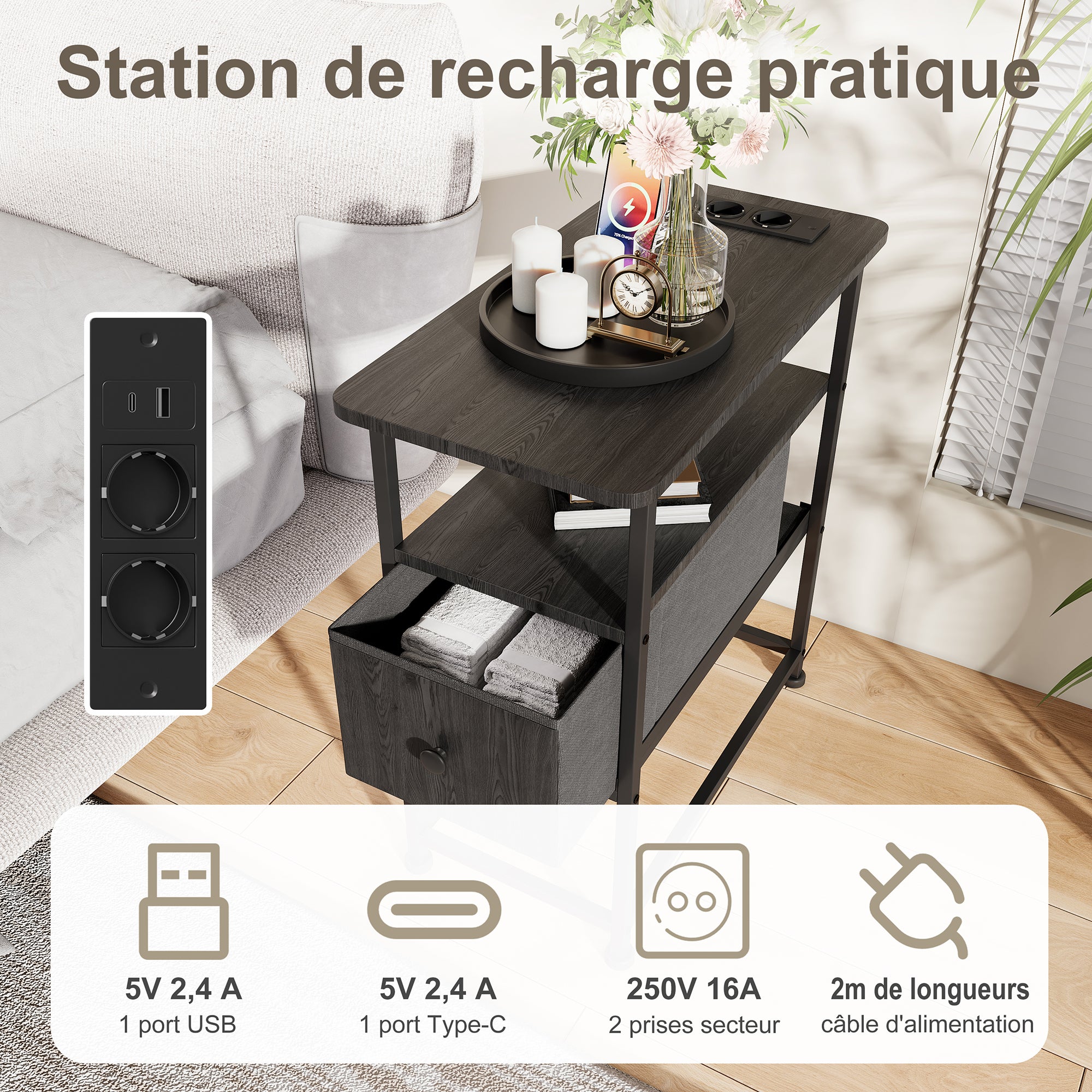 Table d'Appoint avec tiroirs - prise électrique incluse, structure en métal, pieds antidérapants, espace de rangement ouvert - 60x30x62 cm - noir - 3