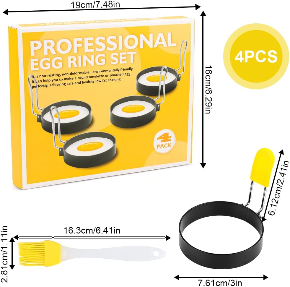 Set di quattro anelli per uova antiaderenti, anelli per uova in acciaio inossidabile con spazzola e coperchio in silicone resistente al calore - 2