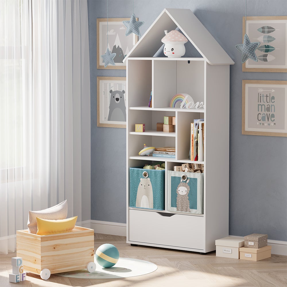 Étagère Enfant Marvin Zoo - 5 étagères En Bois Blanc - Rangement Peluches & Jouets - Neuf