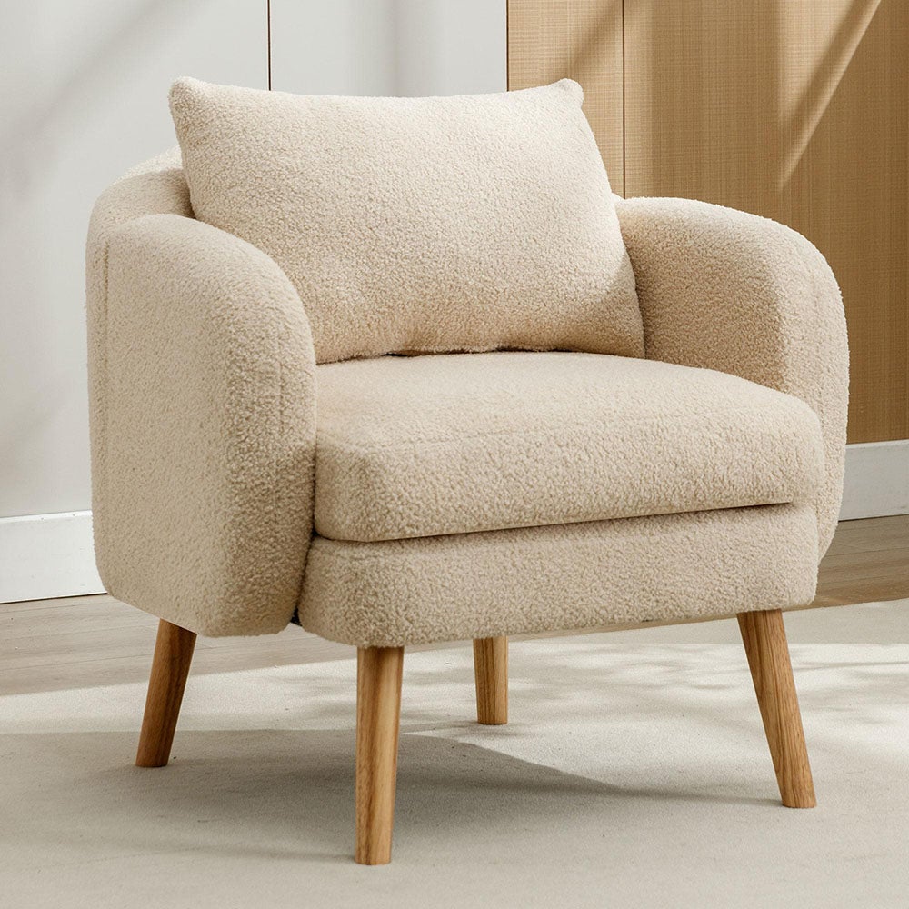 Chaise Fauteuil velours avec coussins extra épais fauteuil de détente chaise à pieds en bois massif Beige - 6