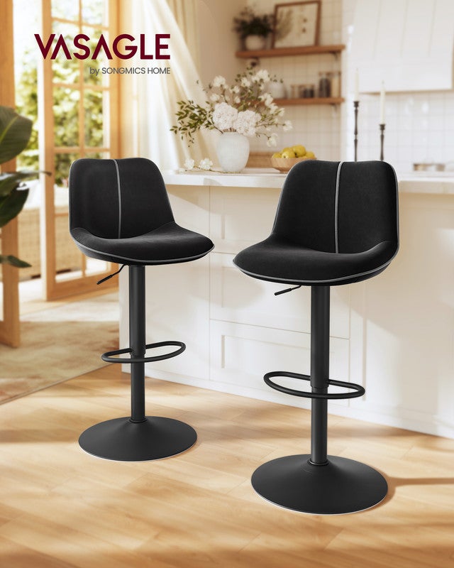 Lot de 2 Tabourets de Bar, Pivotants, Réglables en Hauteur, Dossier Ergonomique, Velours, Base Métallique, pour Îlot de Cuisine, Bar, Noir d'Encre - 2