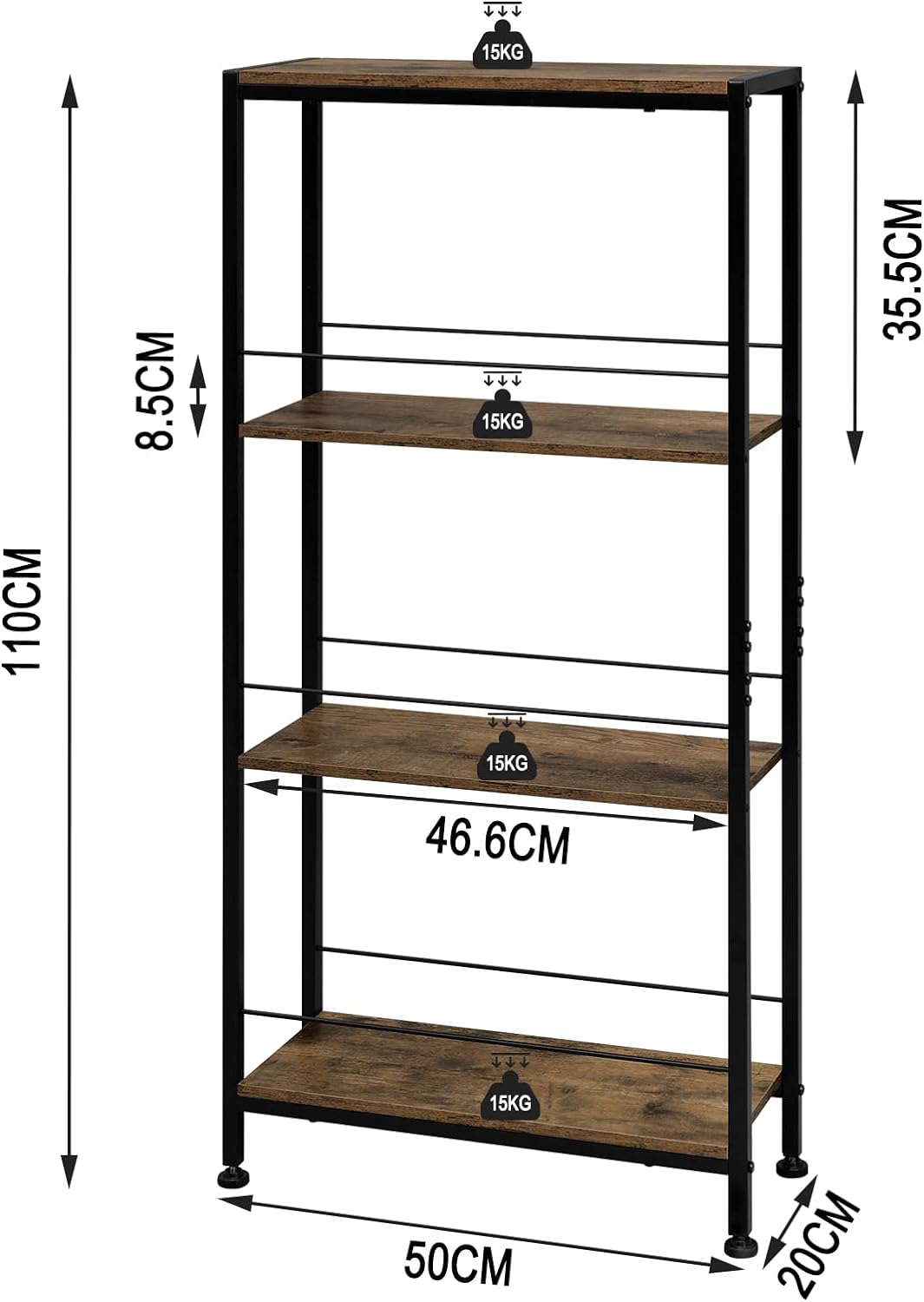 WOLTU Étagère Rangement, Étagère Étroite à 4 Niveaux, Étagère Cuisine, en MDF avec Cadre Métallique, ‎50 x 20 x 110 cm, Marron Rustique+Noir - 4