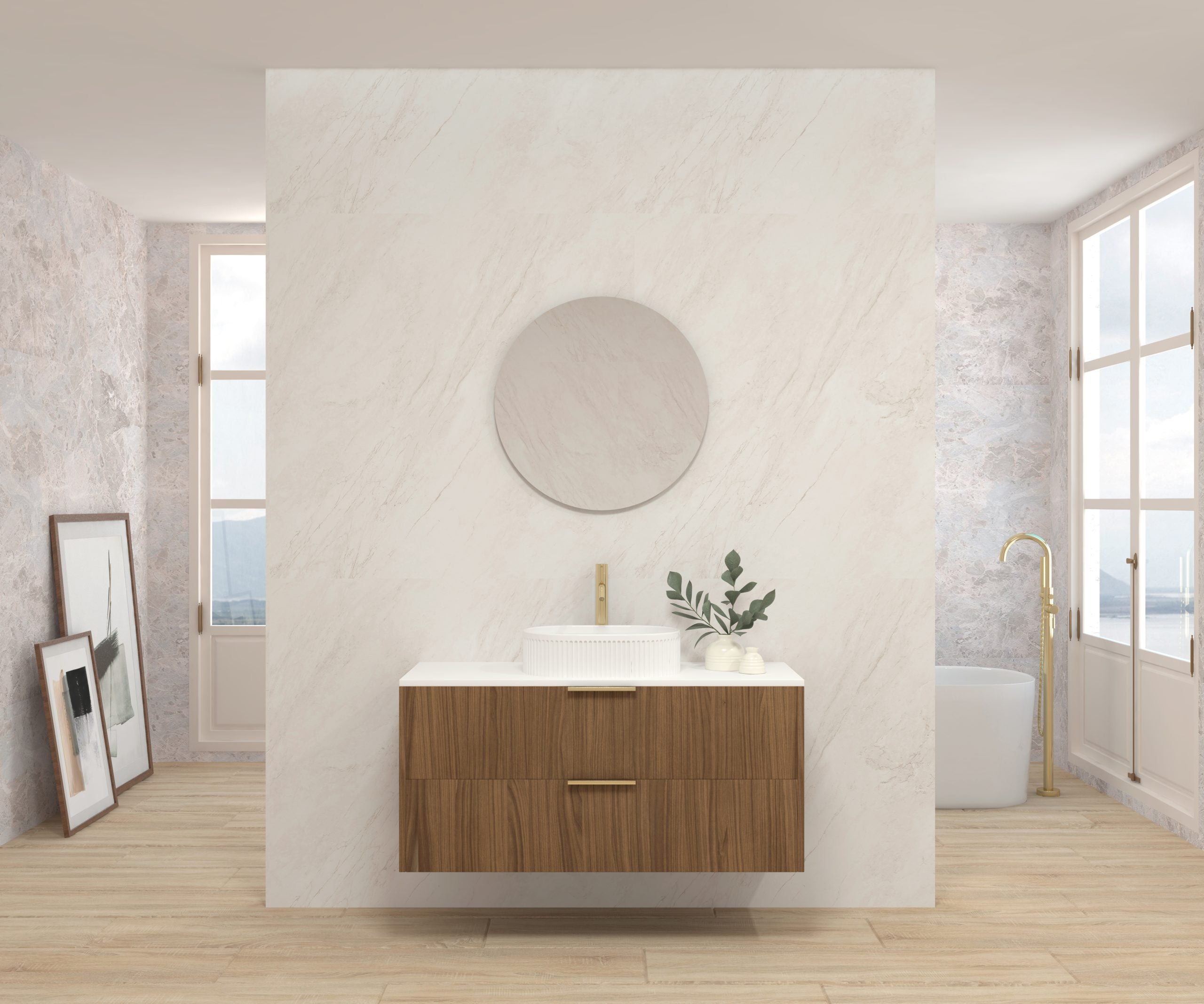 Pack mueble de baño emene raffiné nogal 120 cm + lavabo estriado + espejo circular