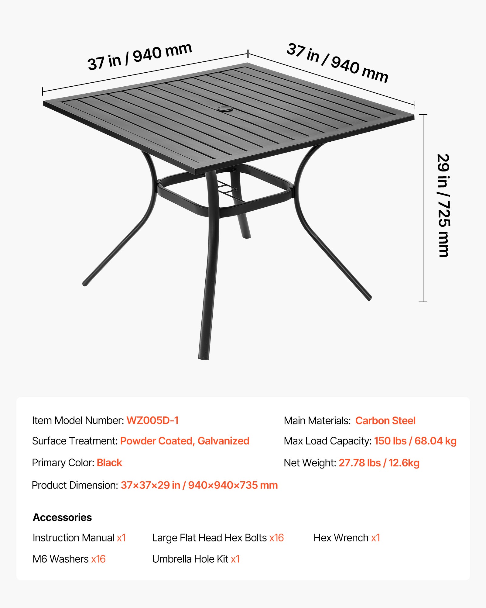 Table manger VEVOR patio extérieur 940 mm, en métal pour 4 personnes, avec trou pour parasol 38 mm, meuble toutes saisons pour jardin, véranda, noir - 7