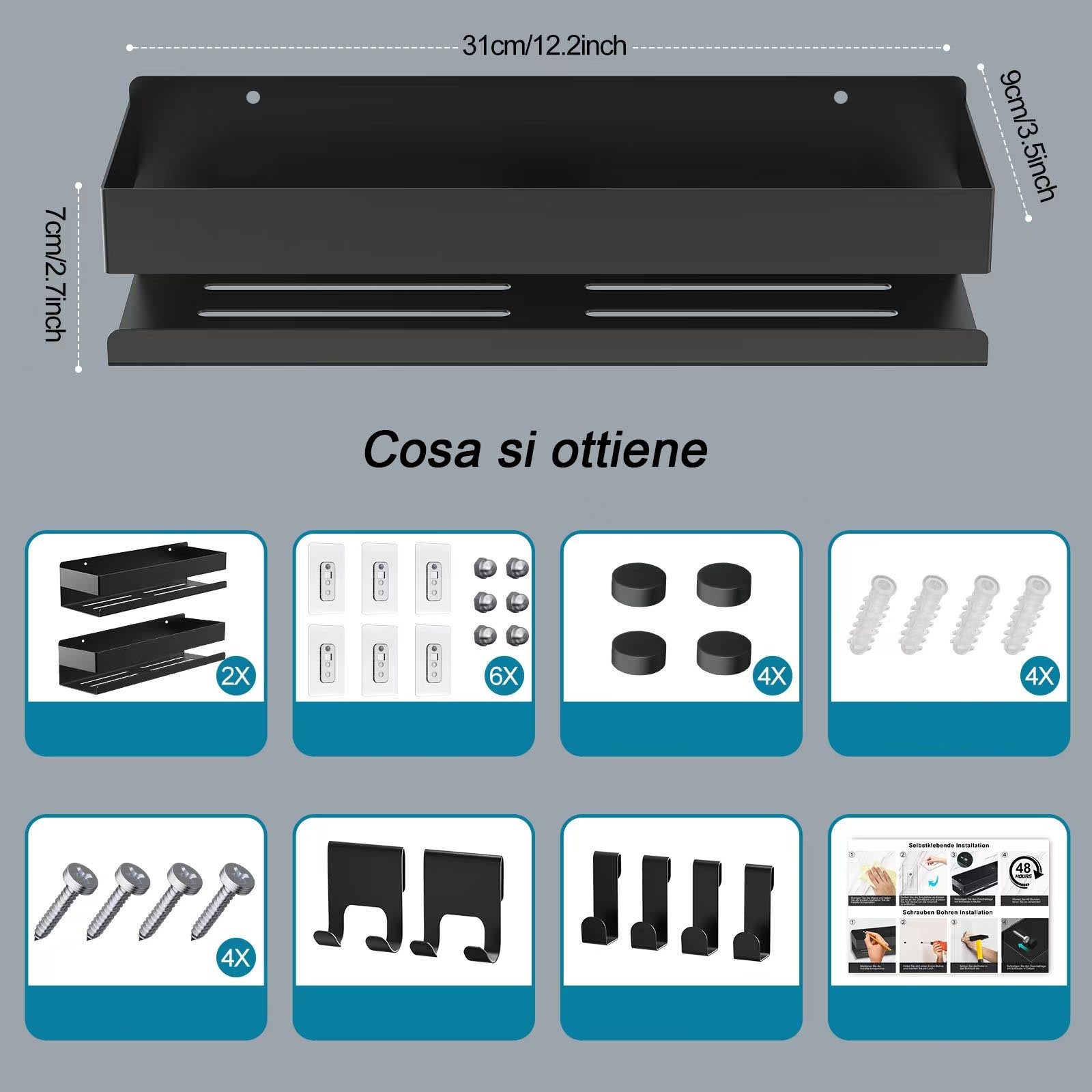 Aluminiowe półki ścienne pod prysznic - bez wiercenia i wkręcania, 2 sztuki, 7 × 31 × 9 cm, schowek łazienkowy z wyjmowanymi haczykami - 4