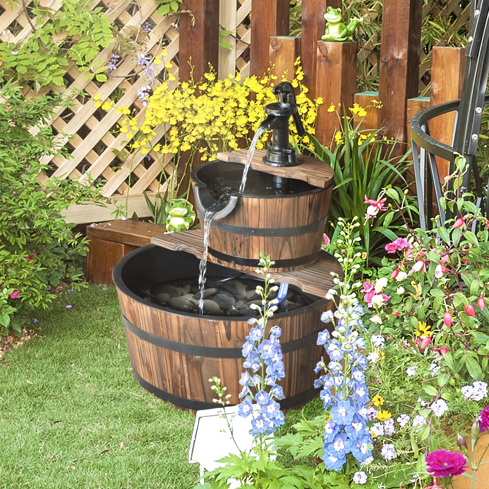 AUTRUCKER Fonte em Cascata de 2 Níveis com Bomba Elétrica — Fonte em Formato de Barril para Decoração de Jardins, Pátios e Quintais - 6